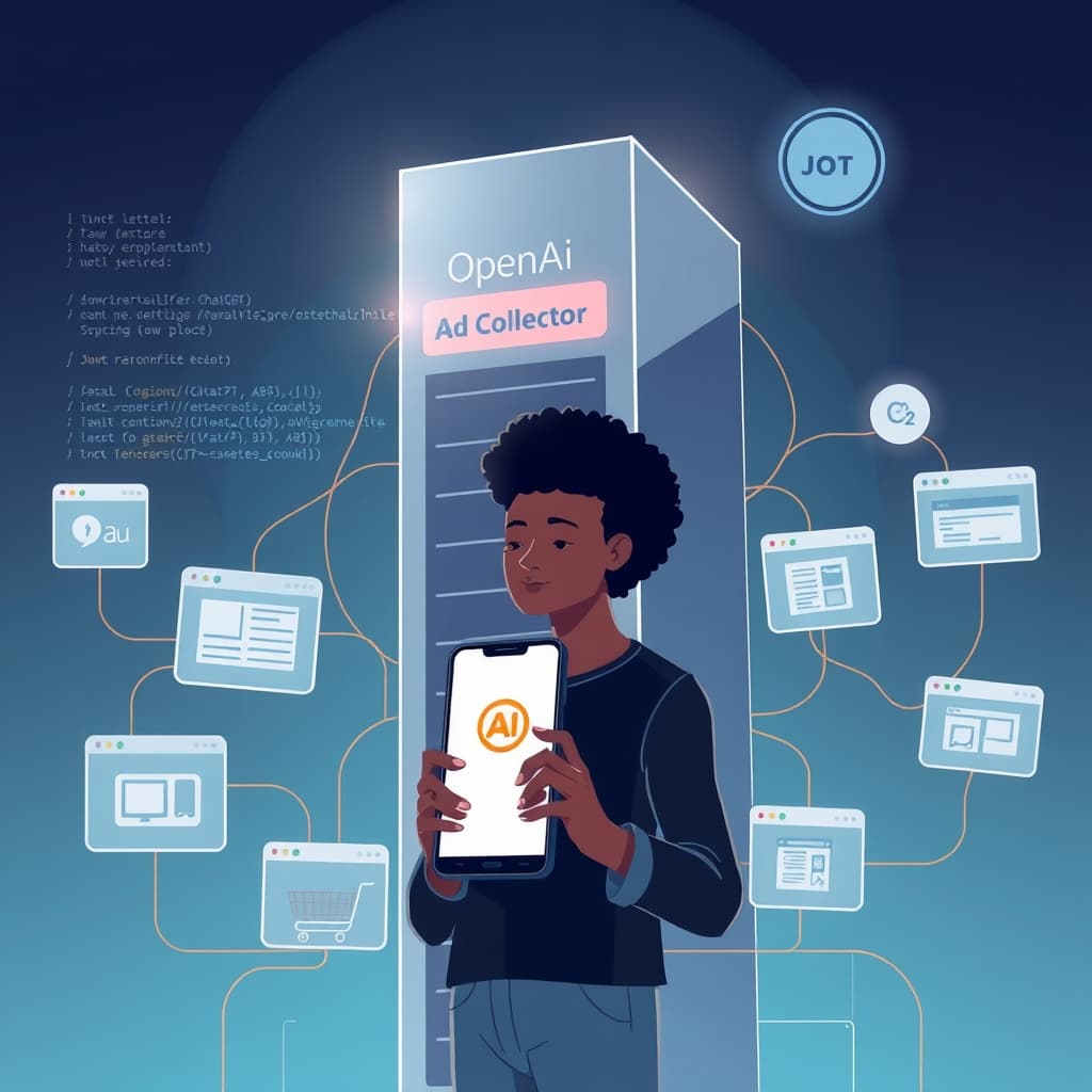 Create an original premium technology-news editorial illustration showing a central figure representing OpenAI’s ad system as a sleek, semi‑transparent server tower labeled “OpenAI Ad Collector” dominant in the composition; in the foreground, a diverse user holding a smartphone with the ChatGPT logo on the screen, while faint outlines of various website icons (e.g., shopping cart, news article, blog) surround the user, each connected by thin data‑flow lines to the server tower; the server emits a glowing identifier tag that trails into the browser windows of the website icons, symbolising the __obi cookie traveling across sites; a subtle background of code snippets and a JWT token floating near the tower adds technical context; colour palette uses cool blues and muted grays with a hint of orange for the data lines; style is clean, modern editorial illustration with realistic shading and depth, cinematic composition.