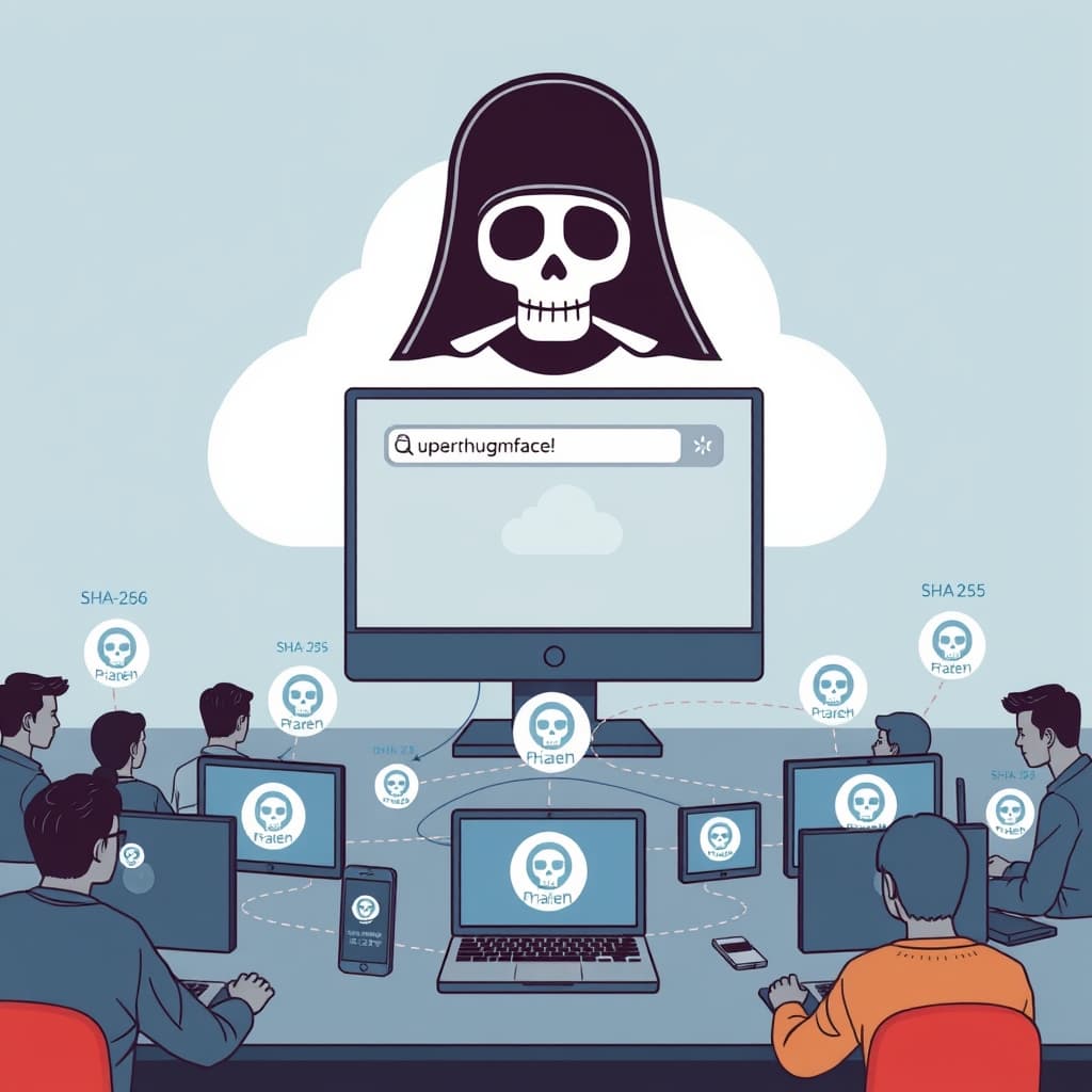 Create an original premium technology-news editorial illustration featuring the Pirate Face logo as the dominant element, a computer screen displaying a magnet link with the tracker URL, and a network of diverse users’ laptops exchanging large model files via BitTorrent; in the background, a stylized Hugging Face logo appears as a fading cloud, indicating its role as the original source; the scene conveys the concept of decentralized redundancy for AI models, with subtle visual cues like SHA‑256 checksum strings hovering over the files; the composition uses a clean, modern editorial style with muted tech blues and grays, keeping the Pirate Face branding prominent while the secondary logos remain secondary; cinematic composition.