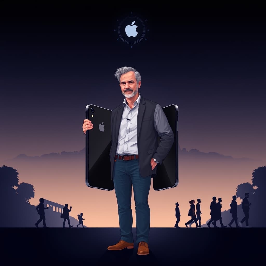 Create an original premium technology-news editorial illustration featuring John Ternus as the dominant figure standing beside a sleek, open iPhone Duo displaying its foldable screen, with a subtle holographic AI icon hovering above the device; in the background, a stylized Apple campus silhouette hints at corporate transition, while a faint timeline of past iPhone silhouettes recedes, emphasizing evolution; the visual style should be clean, modern, and suitable for a high‑end tech publication, with balanced composition that foregrounds Ternus and the Duo, minimal branding limited to the recognizable Apple logo on the device, cinematic composition.