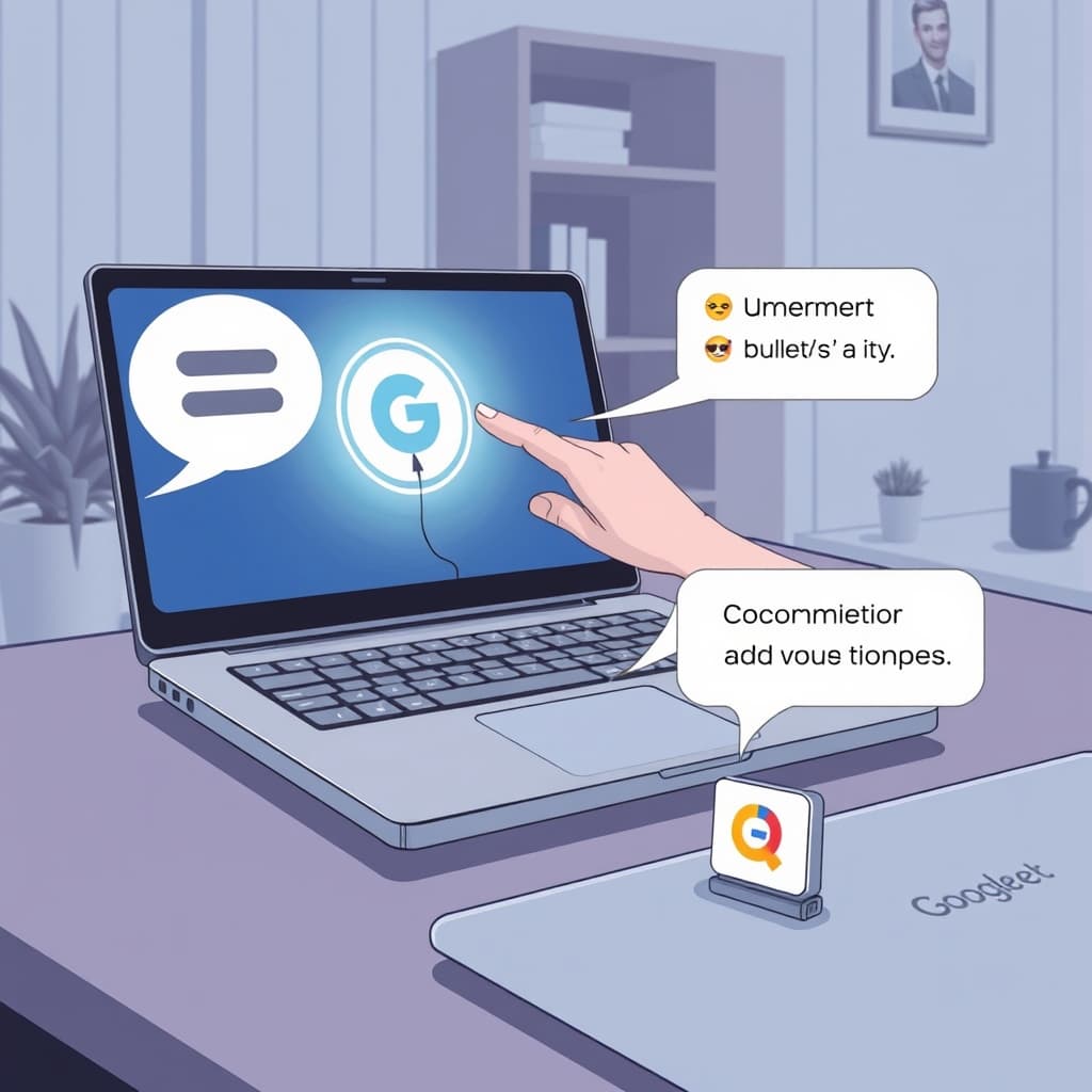 Create an original premium technology-news editorial illustration featuring a sleek laptop as the dominant element, its screen displaying a glowing Gemini logo while a hand gently wiggles the cursor to summon contextual AI; beside the laptop, a stylized speech bubble transforms into tidy bullet points with emojis, representing Rambler’s voice cleanup; in the foreground, a small widget icon materializes from a spoken description, symbolizing Create My Widget; the setting is a modern home office with subtle branding cues of Googlebook on the laptop’s lid, rendered in a clean, professional editorial style with muted tech‑