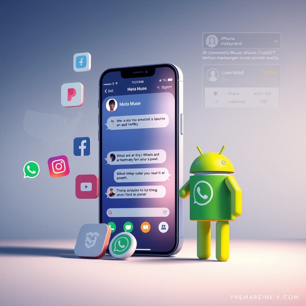 Create an original premium technology-news editorial illustration featuring a dominant Meta Muse smartphone screen displaying a conversational UI, surrounded by icons of Facebook, Instagram, and WhatsApp to signify integration, with a secondary figure of an iPhone and Android device side by side to highlight cross‑platform launch; in the background, a stylized U.S.–Canada map subtly outlines the launch region, while a faint leaderboard graphic shows Muse overtaking ChatGPT in download numbers; the visual style should be clean, modern, and magazine‑ready with realistic lighting and depth, focusing on the concrete scene of the app’s ecosystem rather than abstract AI symbols; cinematic composition.