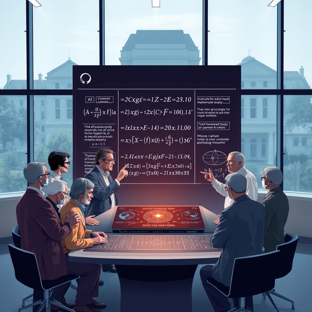 Create an original premium technology-news editorial illustration featuring a diverse panel of eminent mathematicians gathered around a sleek, futuristic console displaying complex equations and AI‑generated proofs; the scene is set in a modern research institute conference hall with large windows revealing a campus of the Institute for Advanced Study; the central focus is the mathematicians actively discussing and pointing at the holographic displays, symbolizing collaborative oversight of AI‑driven mathematical breakthroughs; subtle branding includes a discreet OpenAI logo on the console and an Institute for Advanced Study emblem on the wall, both serving only to identify the institutions involved; the visual style is clean, high‑contrast, and realistic with a professional editorial aesthetic; composition places the advisory group prominently in the foreground while the AI interface glows softly in the background, emphasizing human expertise guiding technology; avoid generic AI symbols, exaggerated dramatics, or overt promotional text; cinematic composition.