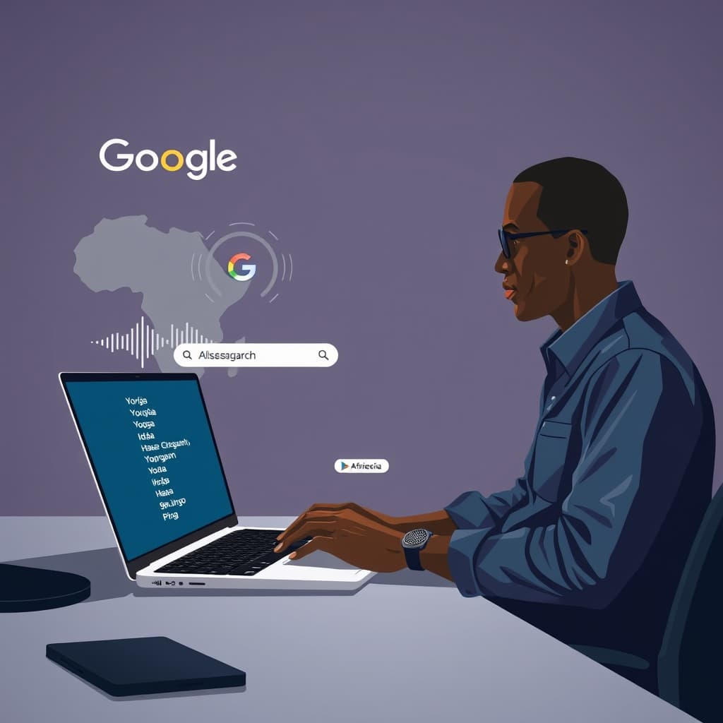 Create an original premium technology-news editorial illustration featuring a Nigerian software developer at a modern desk, laptop open to a multilingual AI interface displaying snippets of Yoruba, Igbo, Hausa and Pidgin text, while a stylized voice waveform emanates from the screen representing YarnGPT and 9jaLingo; in the background, a subtle Google logo hovers over a search bar labeled “AI Search – Yoruba”, and an African map silhouette highlights Nigeria with icons for AfricanGPT; the scene conveys the developer integrating voice and text AI tools into a mobile app, emphasizing practical usage; render in a clean, professional editorial style with balanced composition, dominant developer figure, secondary AI logos, minimal text, cinematic composition.