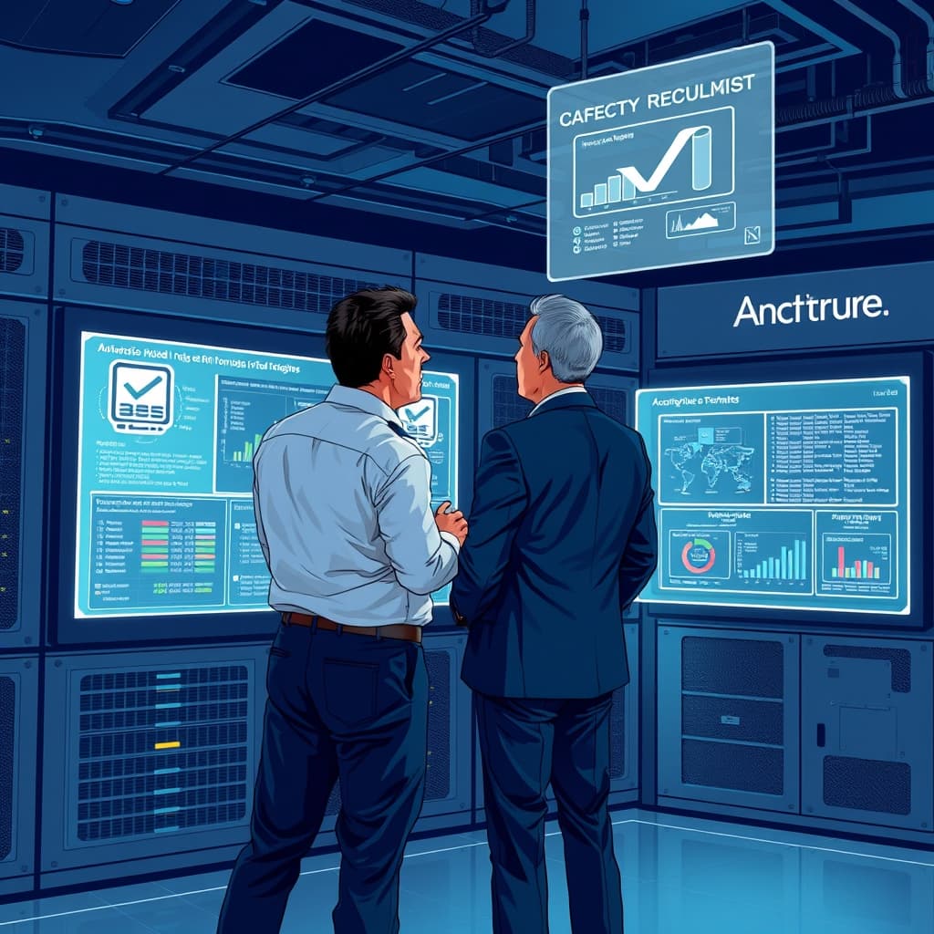 Create an original premium technology-news editorial illustration featuring Dario Amodei standing beside an Accenture consultant in a modern data‑center control room, both reviewing large holographic displays of AI model training graphs; the scene shows the consultants actively monitoring code streams while a transparent safety checklist hovers beside them, symbolizing embedded oversight; the background includes subtle branding of Anthropic and Accenture on equipment panels, emphasizing their joint effort; the visual style should be sleek, realistic, and suited to a high‑end technology publication; composition centers on the two figures with the holographic data as secondary focus; avoid generic AI icons, cartoonish elements, or overt promotional logos; cinematic composition.