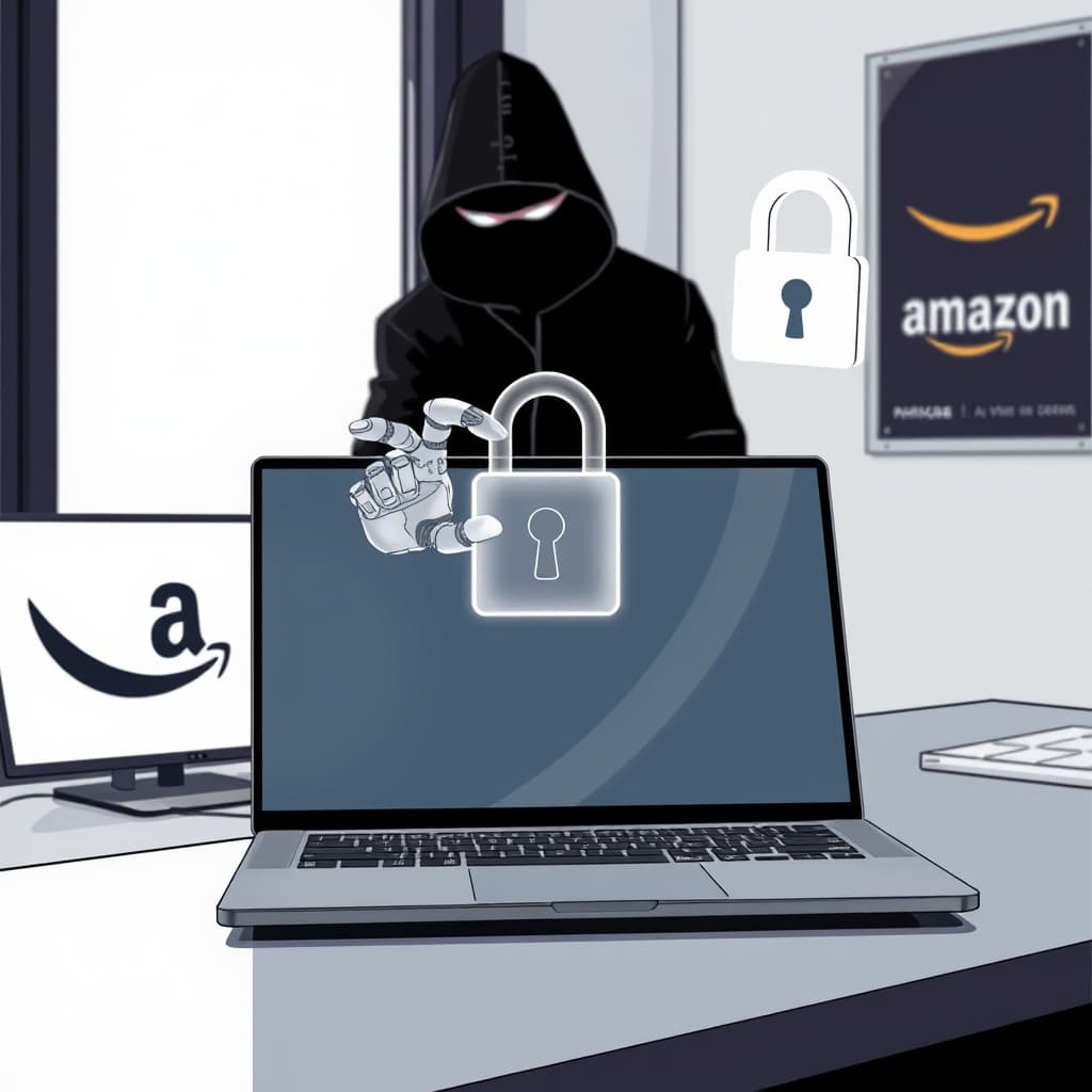 Create an original premium technology-news editorial illustration featuring a sleek laptop on a modern office desk as the primary subject; a translucent AI avatar emerges from the screen, its hand reaching toward a stylized lock symbol that is being subtly slipped open by a shadowy figure representing a hacker; in the background, a Meta logo appears on a nearby monitor, while an Amazon logo is faintly visible on a wall poster, indicating the broader ecosystem; the scene conveys the moment of a security breach being discovered and patched, with the lock half‑unlocked and a small patch icon floating above the laptop; use a clean, high‑contrast digital illustration style typical of reputable tech publications; composition centers on the laptop and AI avatar, with secondary elements receding; include minimal text, only a discreet “Patch” label on the floating icon; cinematic composition.