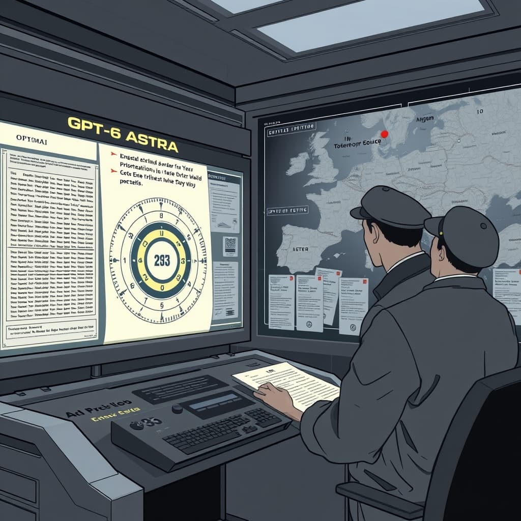 Create an original premium technology-news editorial illustration featuring a dominant visual of a sleek, futuristic AI workstation labeled “GPT‑6 Astra” analyzing a vintage Enigma ciphertext scroll; the scene shows the AI system projecting a glowing German‑style Enigma rotor diagram with wheel order 253 highlighted, while a historian in period‑accurate 1940s attire observes a wall of archival radio logs from the SS‑Totenkopf Division; in the background, a digital map of Europe pinpoints the 2ny radio station and the Ib Quartiermeister location; the composition balances the modern AI interface in the foreground with the historical documents and figures in the midground, rendered in a clean, high‑contrast editorial style; subtle branding includes the OpenAI logo on the AI console, used only to identify the model’s origin; cinematic composition.
