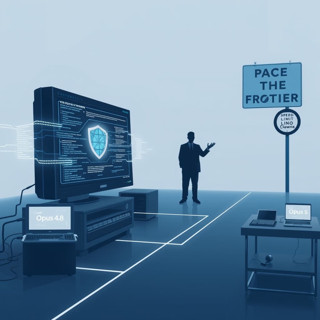 Create an original premium technology-news editorial illustration featuring a dominant digital workstation representing Anthropic’s Claude Opus 5.5 model, with a visual firewall overlay symbolizing enhanced cybersecurity safeguards; a subtle line of code streams from the workstation toward a smaller terminal labeled “Opus 4.8” to depict automated request routing for cybersecurity queries, while a separate pathway leads to a lab bench labeled “Opus 5” for biology‑related prompts; in the background, a muted silhouette of CEO Dario Amodei gestures toward a speed‑limit sign reading “Pace the Frontier,” indicating the deliberate slowdown strategy; the scene is rendered in a sleek, modern editorial style with muted blues and grays, focusing on concrete technology elements and avoiding generic AI icons; cinematic composition.