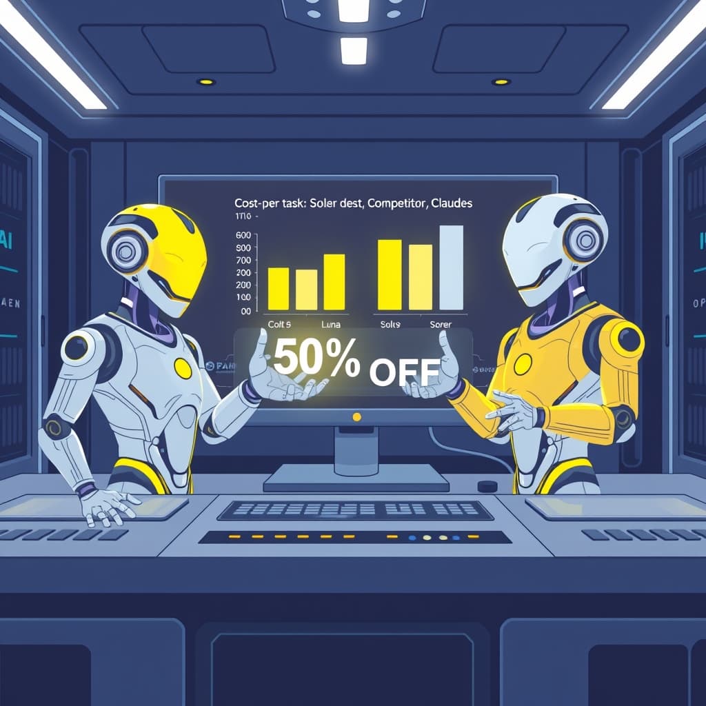Create an original premium technology-news editorial illustration featuring a sleek, futuristic data center console as the dominant element, with two distinct AI avatars—one bright solar‑yellow representing GPT‑6 Sol and one cool lunar‑gray representing GPT‑6 Luna—standing side by side, each gesturing toward a holographic price tag showing “50 % OFF”. In the background, a large screen displays a side‑by‑side bar chart comparing cost‑per‑task metrics of Sol, Luna, and competitor Claude models, highlighting Sol’s lower cost and higher score. The setting conveys a professional workspace with subtle OpenAI branding on a monitor, but no overt logos elsewhere. Use a clean, modern editorial style with crisp lines and a muted tech‑blue palette, focusing on clarity and the narrative of cost efficiency. cinematic composition.