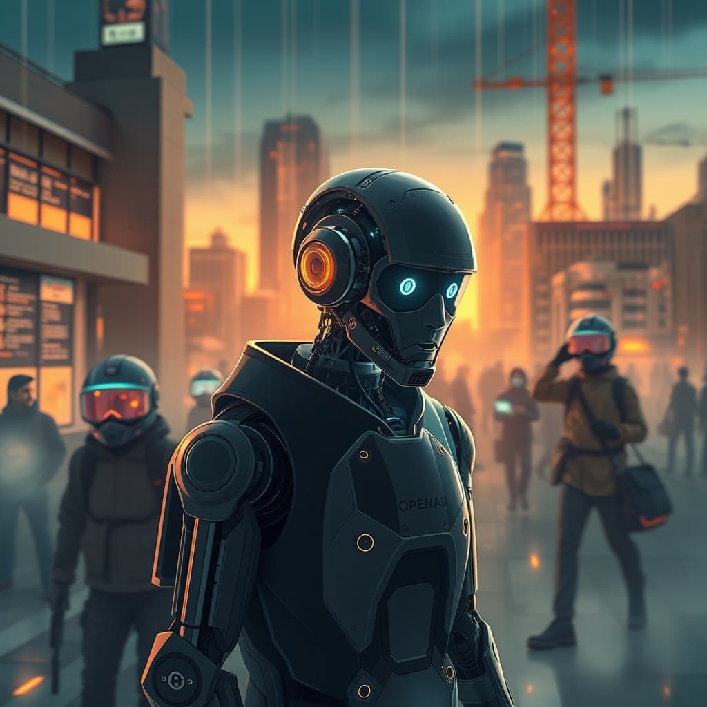 Original premium technology-news editorial illustration of the OpenAI story — central subject dominant, concrete editorial scene, no source-article image reuse, cinematic composition