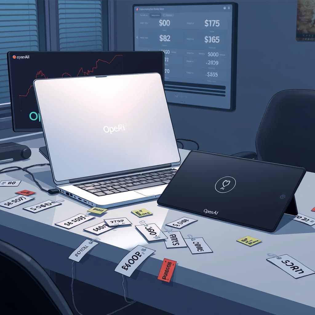 Create an original premium technology-news editorial illustration featuring a dominant figure representing OpenAI’s GPT‑6 Luna model, depicted as a sleek, silver laptop emitting a soft glow, positioned beside a smaller, matte‑black tablet symbolizing Anthropic’s Claude Opus 5.5; both devices rest on a modern office desk cluttered with price tags showing reduced numbers, while a background screen displays a comparative pricing chart; the scene conveys a competitive pricing showdown, with subtle branding only on the laptop’s OpenAI logo and the tablet’s Anthropic emblem, rendered in a clean, professional editorial style, cinematic composition.