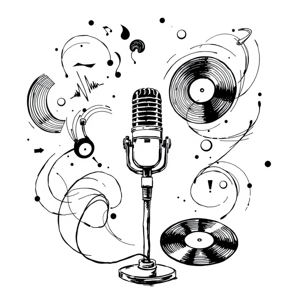 An editorial ink sketch of a lone microphone surrounded by swirling abstract symbols of sound waves, vinyl records, and a faint outline of a human brain, all rendered in high‑contrast black and white with dynamic, flowing lines that suggest intuition and creative energy. No text, no logos, cinematic composition.