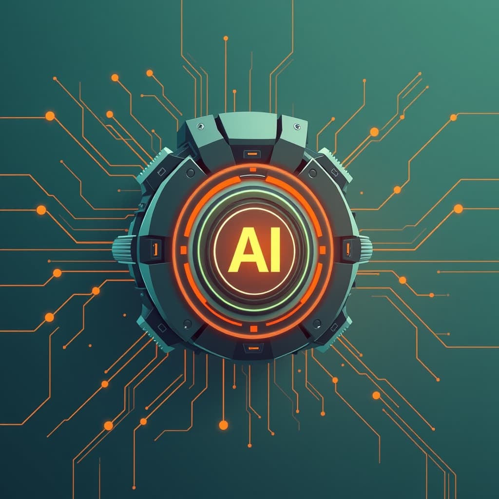 Vector flat illustration of a sleek, futuristic AI engine morphing into a glowing product launch button, surrounded by abstract data streams and subtle circuitry patterns, muted teal and electric orange palette, editorial style, no text, no logos, cinematic composition.