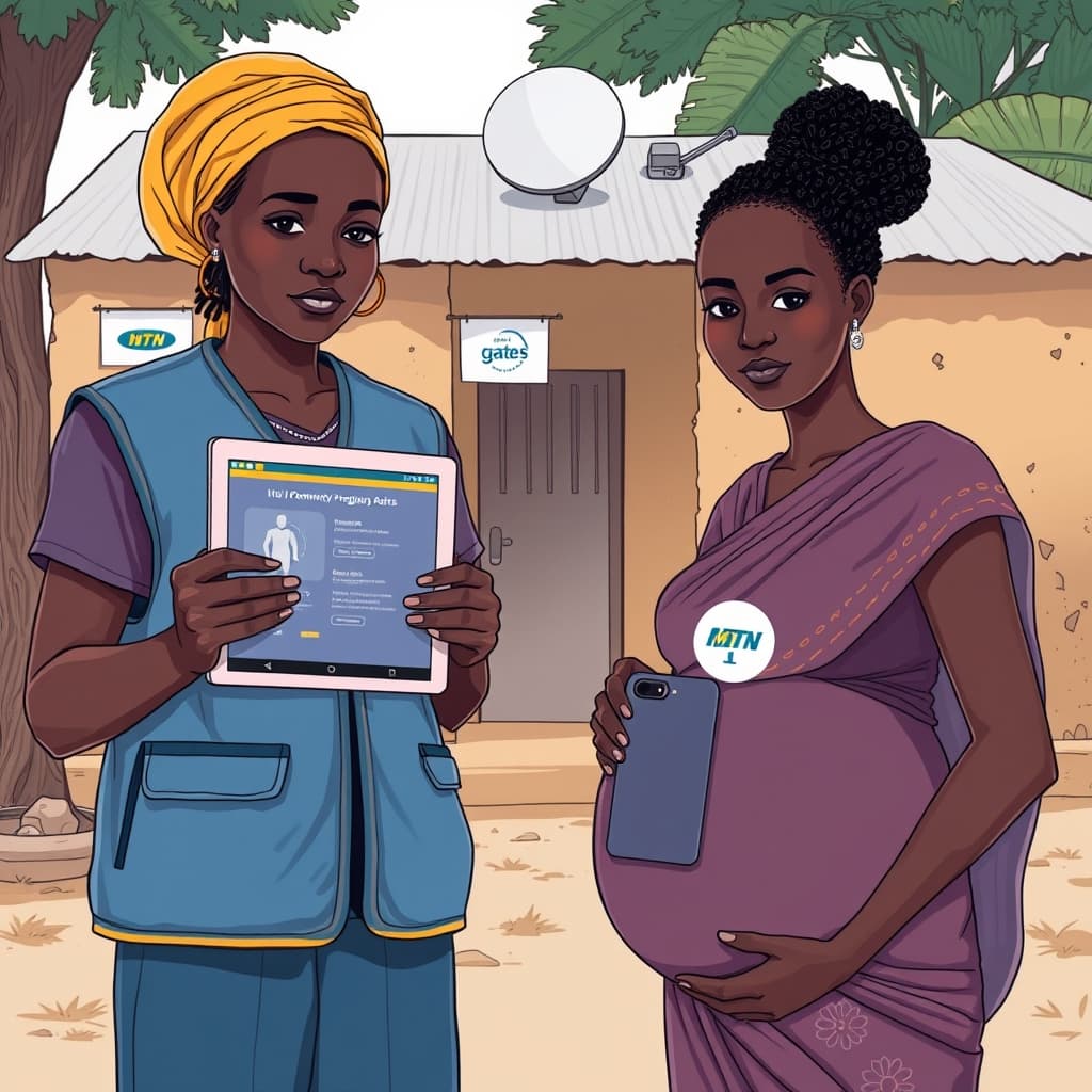 Create an original premium technology-news editorial illustration featuring a Nigerian community health worker holding a tablet that displays AI‑driven pregnancy alerts, while a pregnant woman in modest attire receives a smartphone with a data‑plan sticker; in the background a modest primary health‑care clinic with visible satellite dish and improved connectivity equipment; the scene conveys collaboration between MTN Group Foundation and Gates Foundation through subtle branding on the health worker’s vest; realistic, clean‑line style suitable for a technology publication; composition centers on the health worker and pregnant woman, with the clinic as secondary; include minimal text, only essential labels; cinematic composition.