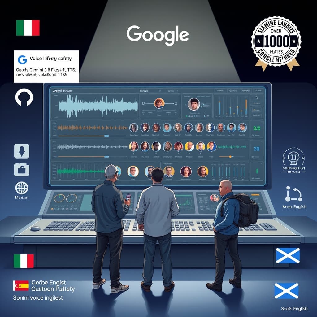 Create an original premium technology-news editorial illustration featuring a diverse group of creators—a sound engineer, a game developer, and a corporate marketer—standing before a large digital console that displays waveforms, voice icons, and sliders for emotion, pacing, and dialect. The central event is the unveiling of Google’s Gemini 3.8 Flash TTS and Gemini 3.8 Flash‑Lite TTS models. The visual narrative shows the team selecting a custom voice from a palette, adjusting controls, while a subtle Google logo hovers in the background to indicate the platform. Supporting context includes icons for over 2,000 voice library entries and a watermark badge representing built‑in safety, plus language flags for Mexican Spanish, Quebec French, and Scots English. The style is clean, modern editorial with tech textures, emphasizing the console and creators as primary subjects, secondary elements remain background. cinematic composition