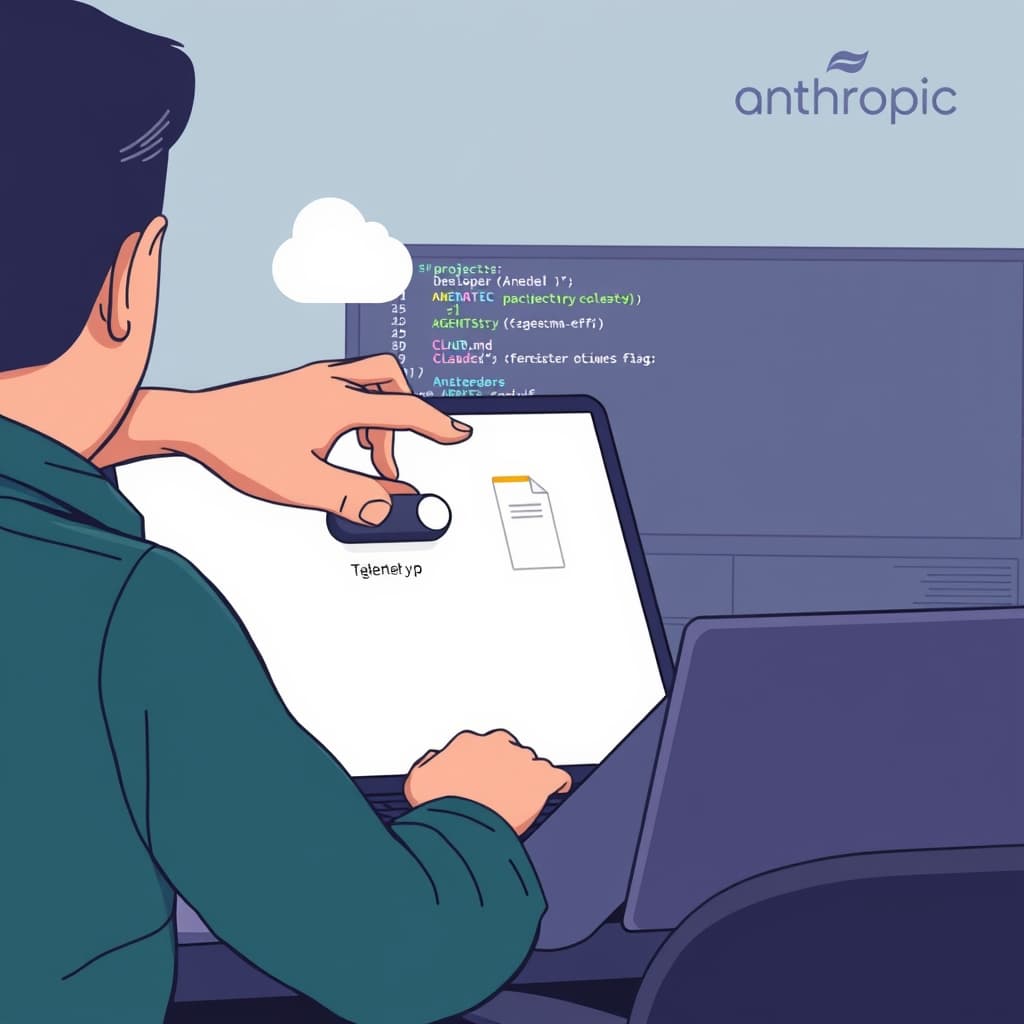 Create an original premium technology-news editorial illustration featuring a developer seated at a laptop, the screen displaying a terminal with the command `claude -p`, and a visible folder icon labeled “project” containing two files: AGENTS.md and CLAUDE.md. The developer’s hand hovers over a toggle switch labeled “Telemetry” that is positioned in the “off” state, while a faint cloud icon above the laptop represents a remote feature flag. In the background, a subtle Anthropic logo appears on a monitor, indicating the product source. The scene conveys the contrast between disabled telemetry and the successful @path import workaround. Use a clean, modern editorial style with muted tech colors and clear visual hierarchy that emphasizes the developer and the file icons. cinematic composition.