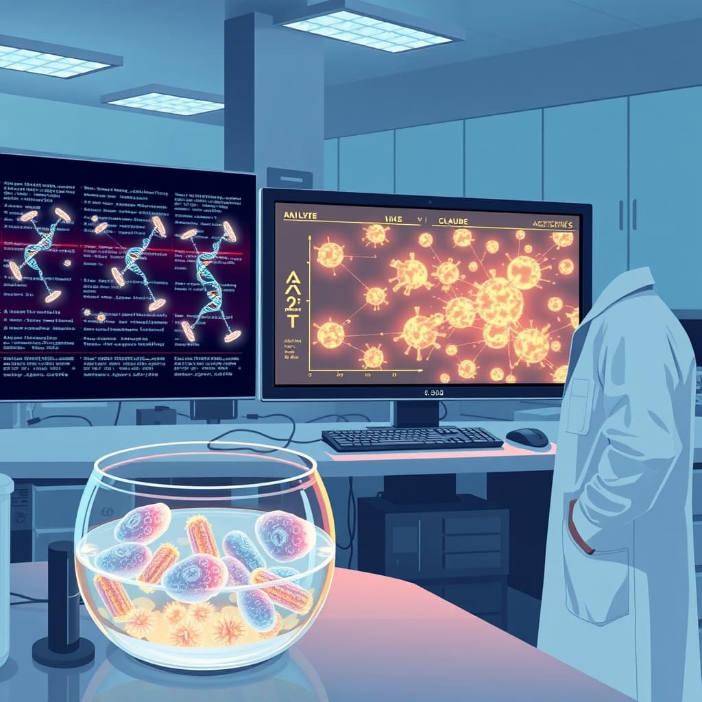 Create an original premium technology-news editorial illustration featuring a dominant AI research workstation as the primary subject, where a sleek digital interface displays streams of DNA code being analyzed by multiple autonomous Claude agents represented as glowing nodes. In the foreground, a scientist in a lab coat observes a petri dish containing bacteriophage cultures, highlighting the moment an unusual repeating pattern is flagged on the screen. The scene captures the convergence of high‑performance computing and wet‑lab experimentation, with subtle branding of Anthropic’s logo on the workstation to indicate the corporate context. The visual style should be clean, realistic, and suitable for a technology publication, using a balanced composition that emphasizes the AI interface while keeping the laboratory environment secondary. Include restrained product labeling only where it aids recognition, and avoid generic AI symbols or excessive text. cinematic composition.