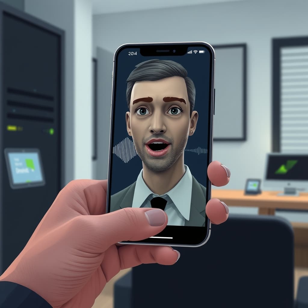 Create an original premium technology-news editorial illustration featuring a sleek, modern smartphone held by a professional user, its screen displaying a lifelike animated avatar of a human-like figure speaking with synchronized lip movements; the avatar’s face reflects a customizable voice waveform overlay, while a subtle Nvidia logo appears on a nearby server rack to hint at the partnership; the background shows a minimalist home office with connected app icons faintly visible, emphasizing delegation; the composition centers on the avatar‑phone interaction, with secondary elements like app icons and server subtly receding; style should be clean, realistic, and suitable for a technology publication, using muted colors and soft lighting; include restrained branding only where it aids recognition, avoid generic AI symbols, and end with cinematic composition.