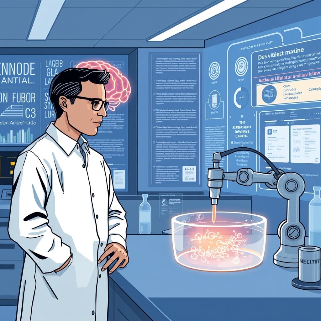 Create an original premium technology-news editorial illustration featuring Dario Amodei standing beside a large, stylized representation of Claude—a sleek, glowing AI brain icon—while a laboratory bench with robotic arms conducts a pipetting experiment on a petri dish that contains a glowing, abstract molecular machine. In the background, a digital wall displays scrolling genome data and scientific papers, indicating Claude’s literature‑review role. The scene conveys collaboration between human scientist and AI, with safety shields and warning lights subtly suggesting future autonomous lab control under safeguards. Use a clean, modern editorial style with muted blues and grays, emphasizing the concrete lab environment over generic AI symbols. No extraneous logos; focus on Anthropic’s AI system as the central visual element. cinematic composition.