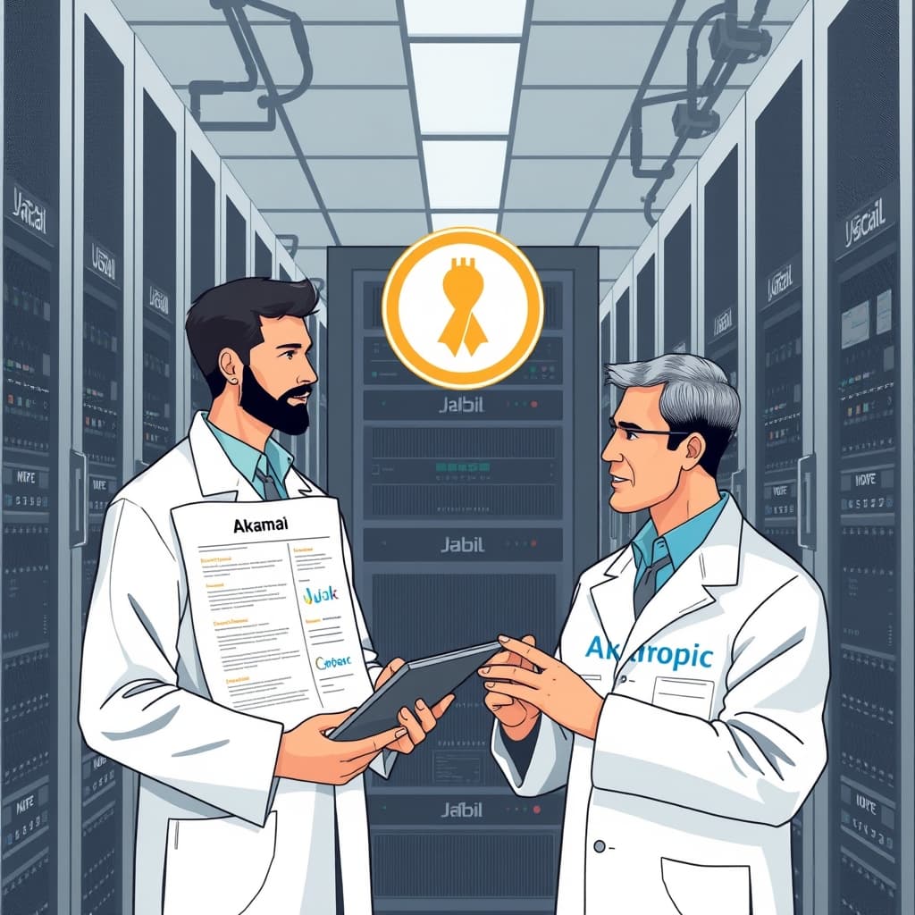 Create an original premium technology-news editorial illustration featuring a dominant Akamai data‑center hub with rows of servers, while an Anthropic engineer in a lab coat reviews performance dashboards on a tablet; the scene shows a contract document with a stylized warrant symbol floating between them, indicating equity potential; include subtle branding of Akamai on server racks and Anthropic on the tablet screen; the background hints at a high‑tech office with Jabil and Nscale logos as secondary elements; render in a clean, realistic editorial style with balanced composition and muted corporate colors; cinematic composition.