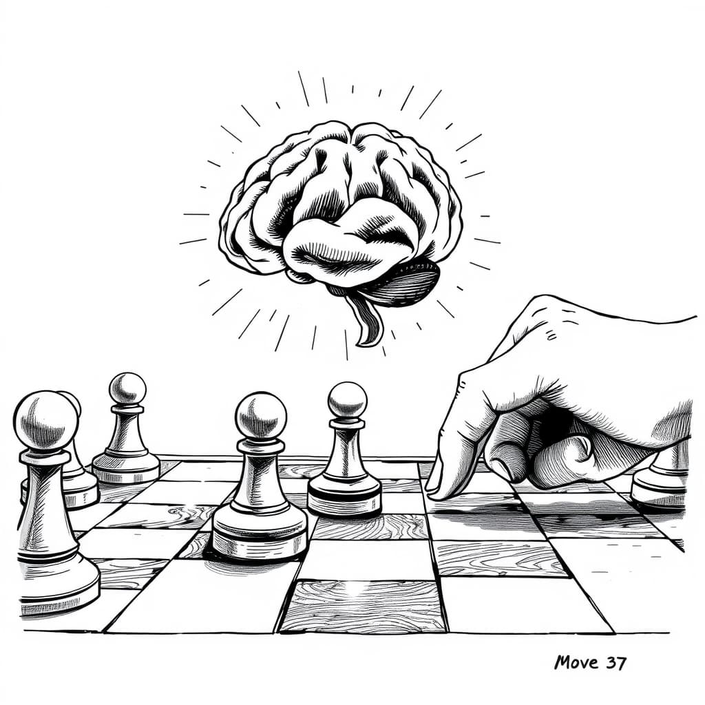 An editorial ink sketch of a stylized chess board with a glowing abstract AI brain hovering above move 37, contrasted with a human hand placing a stone, muted grayscale, dynamic lines, high contrast shading. No text, no logos, cinematic composition.