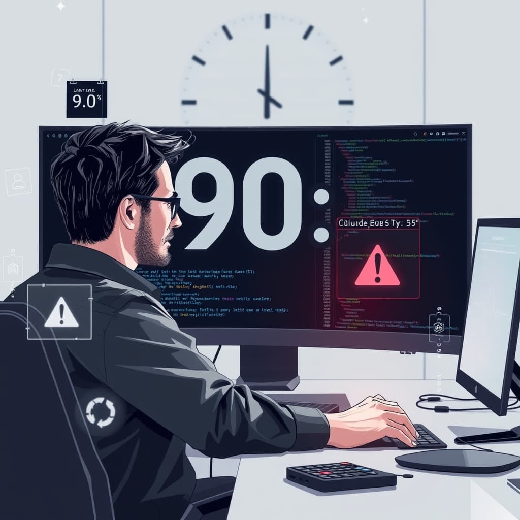 Create an original premium technology-news editorial illustration featuring Simon Willison, a senior developer, seated at a modern workstation surrounded by floating holographic code snippets and AI model icons such as Claude Opus 5.5 and GPT‑6 Luna. The scene shows Willison thoughtfully reviewing AI‑generated code while a subtle red warning overlay highlights a security vulnerability marker, conveying the tension between capability and risk. In the background, a large digital clock displays “90 days” to reference the intensive LLM “pressure washing” period. The visual style is clean, high‑contrast, and suitable for a professional tech publication, with a muted corporate palette and realistic lighting. Cinematic composition.