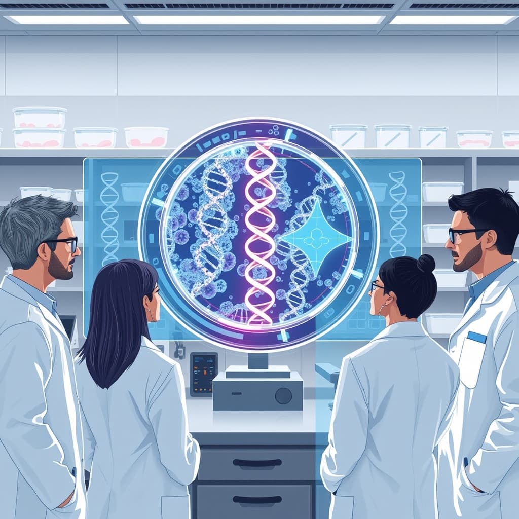Create an original premium technology-news editorial illustration featuring a modern wet‑lab setting where a group of scientists in lab coats collaborate with holographic AI avatars displayed on transparent screens; the central focus is a large digital microscope view showing repeated DNA motifs next to a stylized CRISPR diagram; in the background, shelves hold petri dishes and sequencing equipment, while a subtle logo of Anthropic appears on a lab bench; the scene conveys AI‑human partnership in genomic research; use a clean, high‑tech editorial style with realistic lighting and depth; composition emphasizes the scientists and holograms in the foreground, with equipment secondary; include restrained product labeling only where it aids recognition; avoid generic AI symbols or abstract icons; cinematic composition.