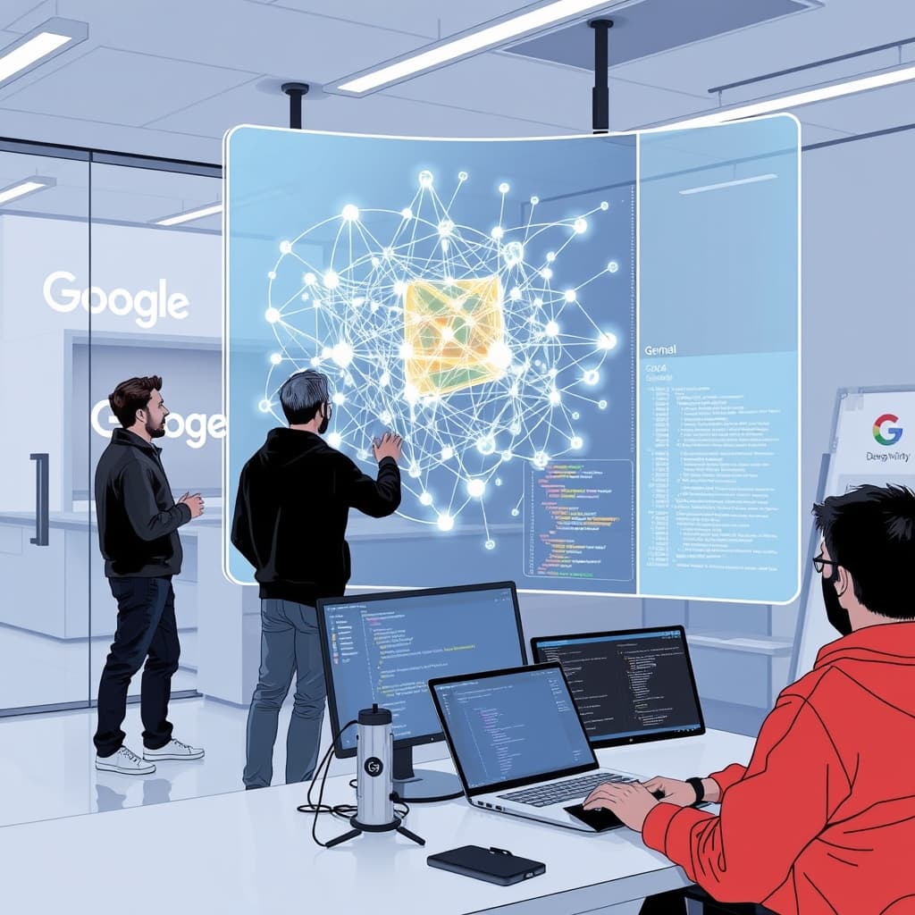 Create an original premium technology-news editorial illustration featuring a dominant visual of the Gemini 4 model represented as a luminous, stylized neural network diagram projected on a large transparent screen. The scene shows a modern Google research lab where engineers in casual tech attire interact with the Gemini 4 display while a secondary monitor shows the Antigravity code‑editing interface with snippets of code and AI‑generated suggestions. In the background, subtle Google branding appears on a glass wall, and a faint outline of a DeepMind logo is visible on a nearby whiteboard. The composition emphasizes the Gemini 4 model as the focal point, with the Antigravity UI and developers secondary but clearly present. The visual style is clean, high‑contrast, and reminiscent of a reputable technology publication editorial illustration, using realistic lighting and a professional office atmosphere. Include restrained product labeling only where it aids recognition, such as a small “Google” tag on a laptop. Avoid generic AI symbols, cartoonish elements, or overly abstract metaphors. cinematic composition.