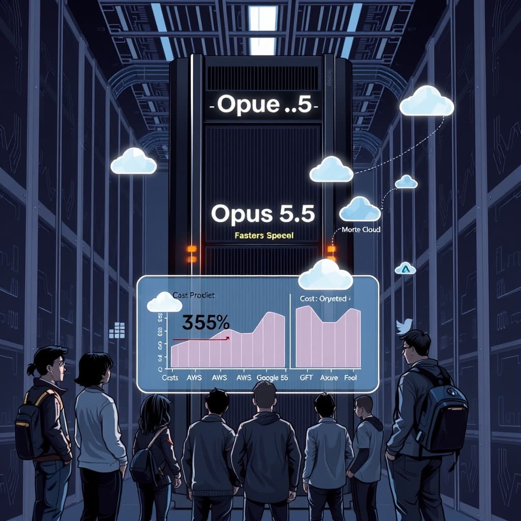 Create an original premium technology-news editorial illustration featuring a dominant, sleek AI server rack labeled “Claude Opus 5.5” on the front, with glowing indicator lights showing faster processing speed. In the foreground, a diverse group of developers in casual tech attire examine a large holographic chart comparing cost and speed metrics of Opus 5.5 versus Opus 5 and GPT‑6 Astra. Behind them, cloud icons for AWS, Google Cloud, and Azure float, emphasizing multi‑cloud availability. The scene conveys a modern data‑center environment with subtle circuitry patterns on the walls. Use a clean, high‑contrast editorial style with muted corporate colors, keeping branding to the server label only. cinematic composition.