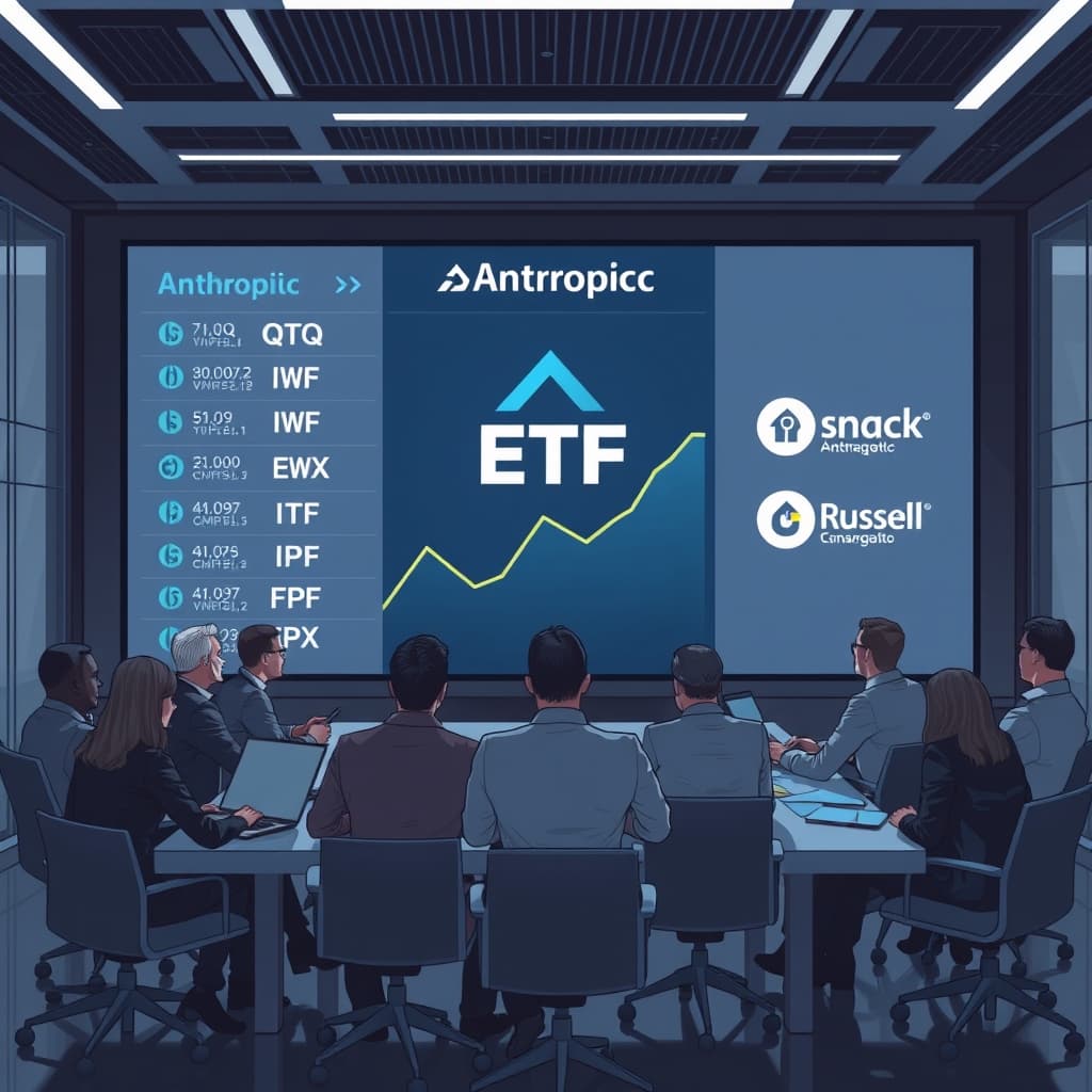 Create an original premium technology-news editorial illustration featuring a sleek, futuristic office conference room where a diverse group of analysts and investors gather around a large digital display showing the Anthropic logo rising into a chart of major ETF tickers (QQQ, IWF, FPX); the scene captures the moment the Anthropic stock symbol is added to the ETFs list, with the Nasdaq‑100 and Russell index logos subtly present in the background; the setting conveys a high‑tech, data‑driven atmosphere with muted corporate colors, and only the Anthropic and ETF symbols are prominently labeled for clear recognition; cinematic composition.
