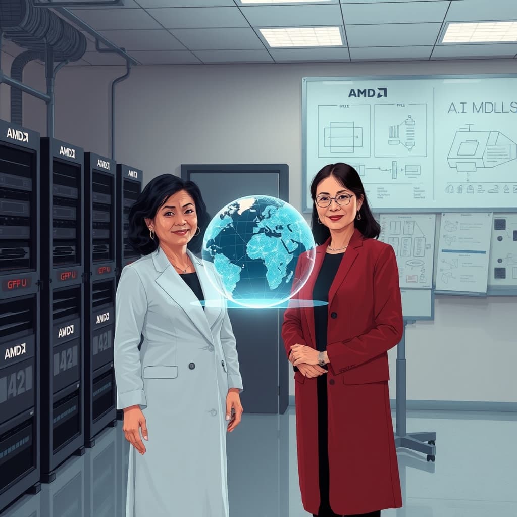 Create an original premium technology-news editorial illustration featuring AMD’s CEO Lisa Su and Dr. Fei‑Fei Li standing side by side in a modern semiconductor lab, with a large holographic display of a 3D world generated by Marble hovering between them; the lab background shows AMD GPU racks and a whiteboard with AI model diagrams, emphasizing collaboration; the scene conveys the integration of AI research and hardware development, using a sleek, realistic editorial style with muted corporate colors; cinematic composition.