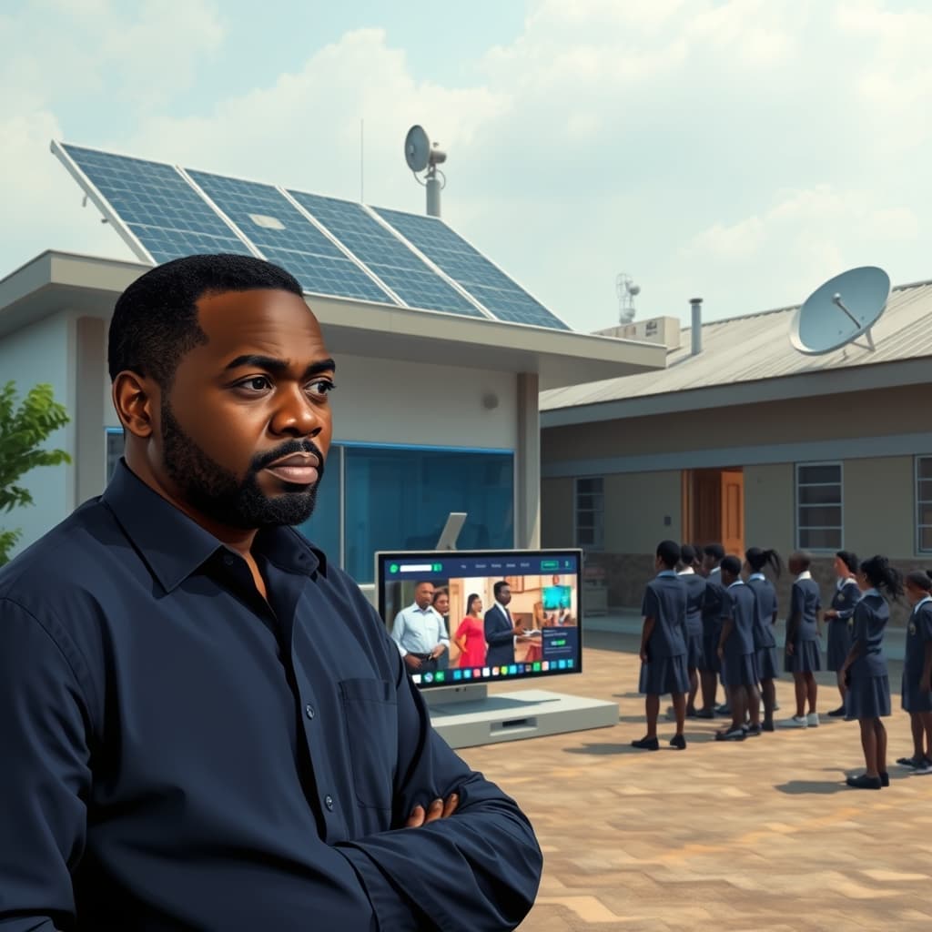 Create an original premium technology-news editorial illustration featuring Leo Stan Ekeh, visibly dominant, standing beside a sleek AI‑enabled learning centre in a Lagos secondary school courtyard; the centre displays Zinox all‑in‑one desktops, an interactive AI screen, and iPower solar panels on the roof, while a Starlink dish is mounted nearby; students in uniforms gather around the screen, engaged with digital content; in the background, a modest school building hints at the local context; the scene conveys the convergence of renewable energy, satellite internet and AI education; use a clean, professional editorial style with realistic lighting and subtle colour grading; foreground focuses on Ekeh and the tech hub, secondary elements recede; limit text to necessary labels, no prominent branding beyond what is essential for recognition; cinematic composition.