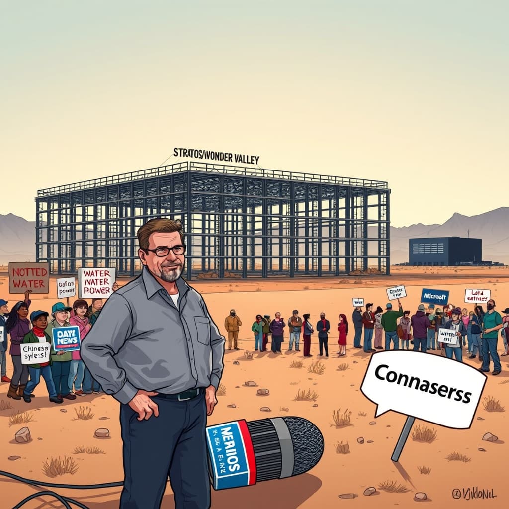 Create an original premium technology-news editorial illustration featuring Kevin O’Leary standing beside a massive, unfinished data‑center framework labeled “Stratos/Wonder Valley” under a stark Utah desert sky; nearby, a diverse group of local residents holds protest signs demanding water and power protection, while a Fox News microphone lies on the ground with a speech bubble reading “Chinese spies” crossed out; in the background, a Microsoft logo glows faintly on a distant, operational data‑center silhouette, emphasizing the site’s future use; the scene is rendered in a clean, realistic editorial style with balanced composition that foregrounds O’Leary and the protest crowd, secondary elements recede; avoid cartoonish AI icons and excessive text, focusing on concrete conflict and setting; cinematic composition.