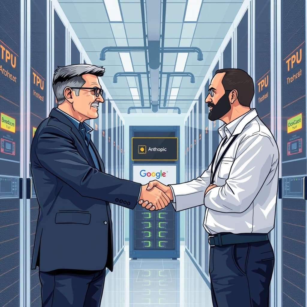 Create an original premium technology-news editorial illustration featuring a dominant Broadcom executive shaking hands with an Anthropic researcher inside a modern data‑center aisle; the scene shows rows of server racks labeled with Broadcom chip logos and a visible Claude model banner on a monitor; a Google TPU rack glows in the background, indicating the three‑way partnership; the visual style is clean, high