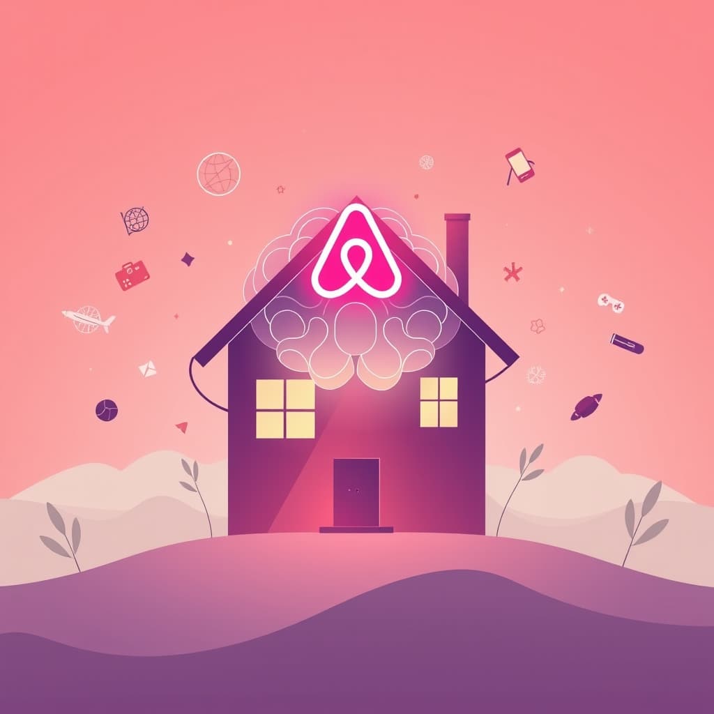 A sleek vector flat illustration featuring an abstract Airbnb house silhouette merging with a glowing AI brain, surrounded by subtle pastel tech hues and floating icons of travel gear and services, no text, no logos, cinematic composition.