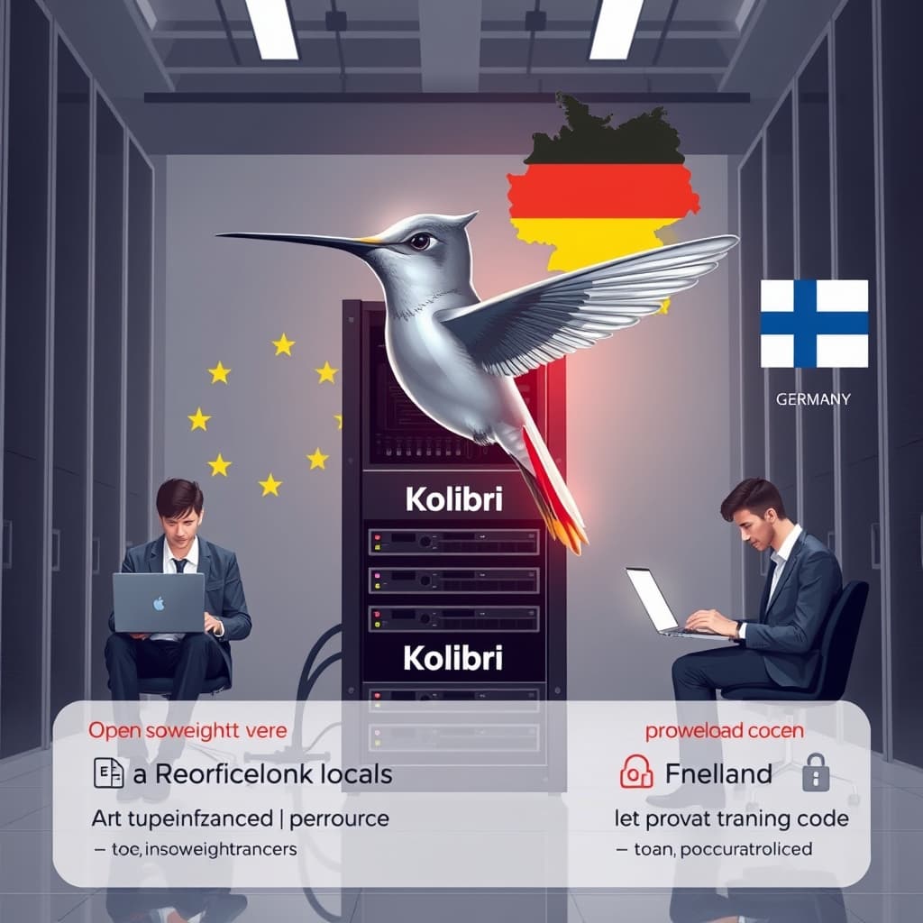 Create an original premium technology-news editorial illustration featuring a sleek, hummingbird‑inspired AI core as the dominant visual element, perched on a modern server rack labeled “Kolibri” in a German data center. The scene shows engineers in business‑casual attire reviewing code on laptops beside the server, with a subtle German flag motif in the background. Include a faint overlay of a European Union map highlighting Germany and Finland to indicate training locations. The visual style should be clean, professional, and realistic, using a muted corporate color palette with crisp lighting. Emphasize the contrast between open‑source weight files (depicted as a downloadable icon) and proprietary training code (shown as a locked document). Cinematic composition.