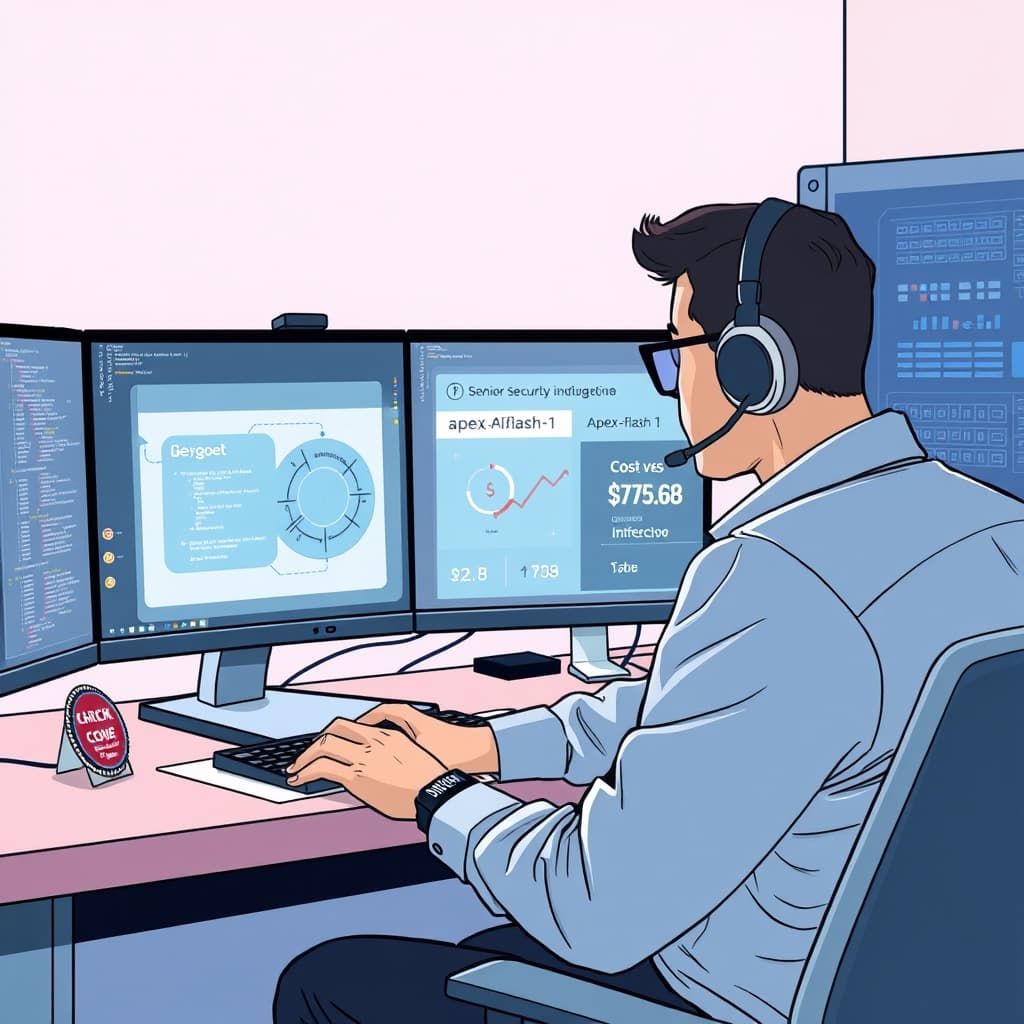Create an original premium technology-news editorial illustration featuring a senior security engineer seated at a dual‑monitor workstation, the dominant screen displaying code snippets and a stylized AI model diagram labeled “apex‑flash‑1”. The engineer is actively interacting with a virtual assistant icon representing the Codex harness, while a secondary monitor shows a cost‑comparison chart highlighting $2.38 versus $74.68. In the background, a subtle data center rack hints at inference infrastructure, and a small HackerOne badge rests on the desk to reference bug‑bounty success. The visual style should be clean, realistic, and suited to a high‑end tech publication, with a balanced composition that foregrounds the engineer and model diagram, secondary elements recede. Include restrained text labels only where they aid recognition, avoiding excessive on‑image copy. cinematic composition.