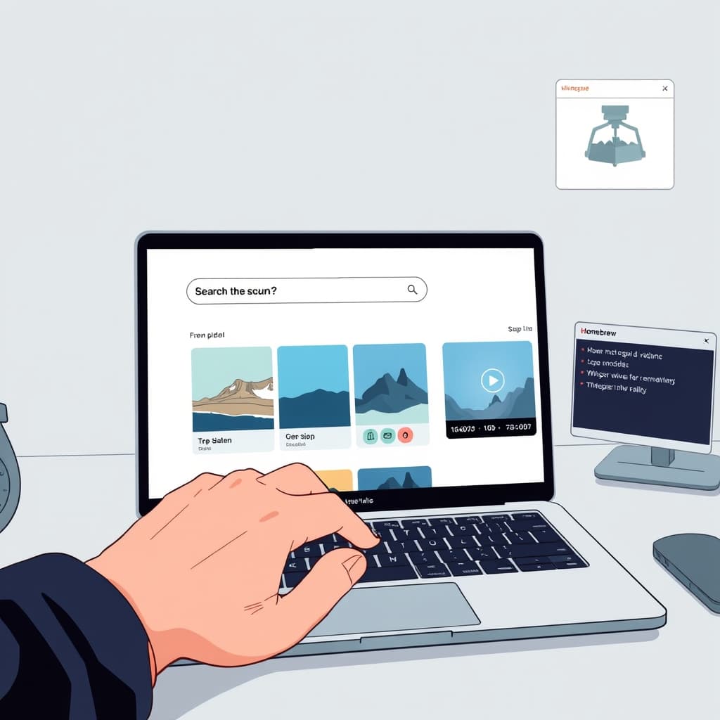 Create an original premium technology-news editorial illustration featuring a MacBook Pro on a desk with its screen displaying a sleek SCM interface; the interface shows a search bar with a natural‑language query, thumbnail tiles of photos and video frames, and a highlighted video scene with a timecode badge; a hand reaches toward the keyboard, emphasizing local, private interaction; in the background, faint visual cues of a vision model diagram and a Whisper waveform hint at the underlying AI technologies; the Homebrew logo appears subtly on a nearby terminal window to denote the installation method; the overall style is clean, high‑contrast, and suitable for a professional tech publication; cinematic composition.