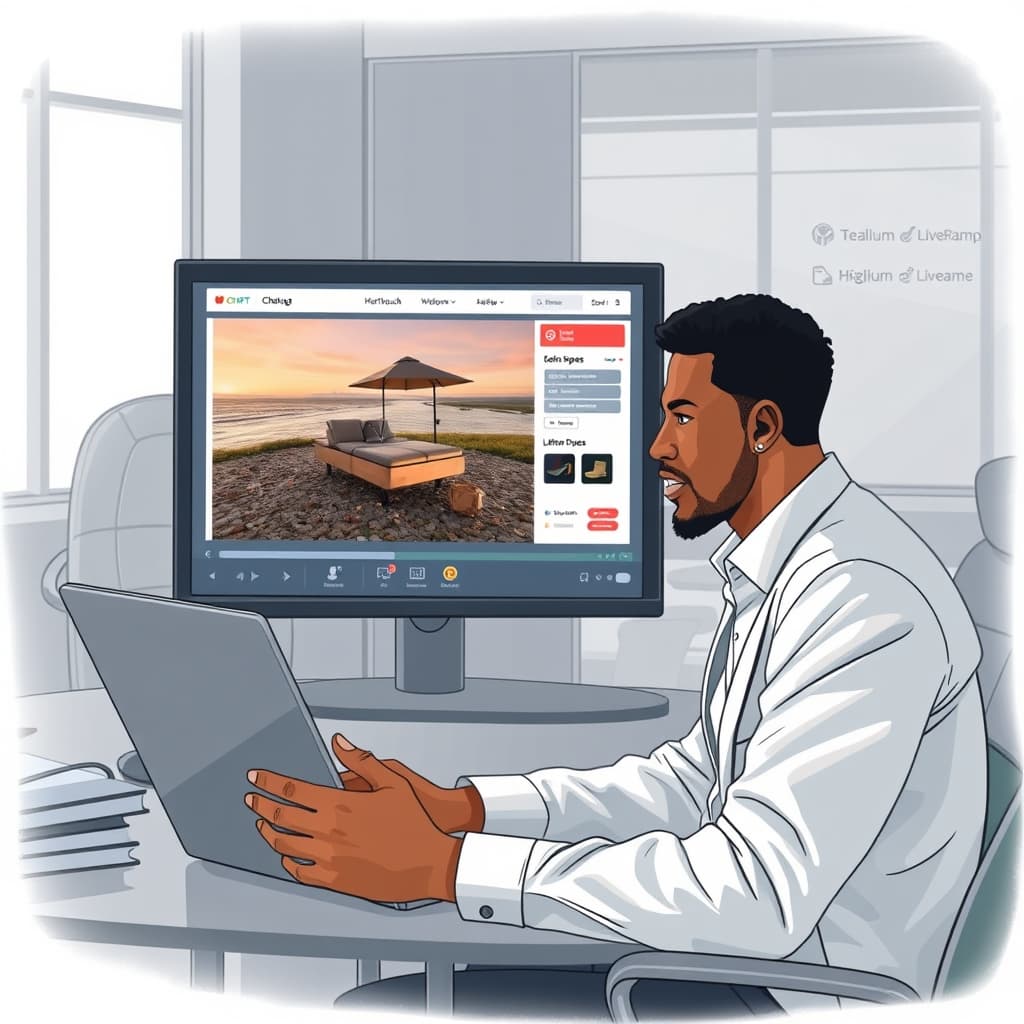 Create an original premium technology-news editorial illustration featuring a dominant ChatGPT interface screen displaying a clearly marked visual advertisement beside a user‑generated image; the scene shows a diverse professional using a laptop in a modern office, with the ad depicting a lifestyle product in vivid detail; include subtle icons of partner logos like Hightouch, Tealium, LiveRamp, and Triple Whale in the background to hint at measurement integration; the composition should emphasize the juxtaposition of AI conversation and visual commerce, using a clean, data‑driven editorial style with muted corporate colors and a focus on realistic lighting; cinematic composition.