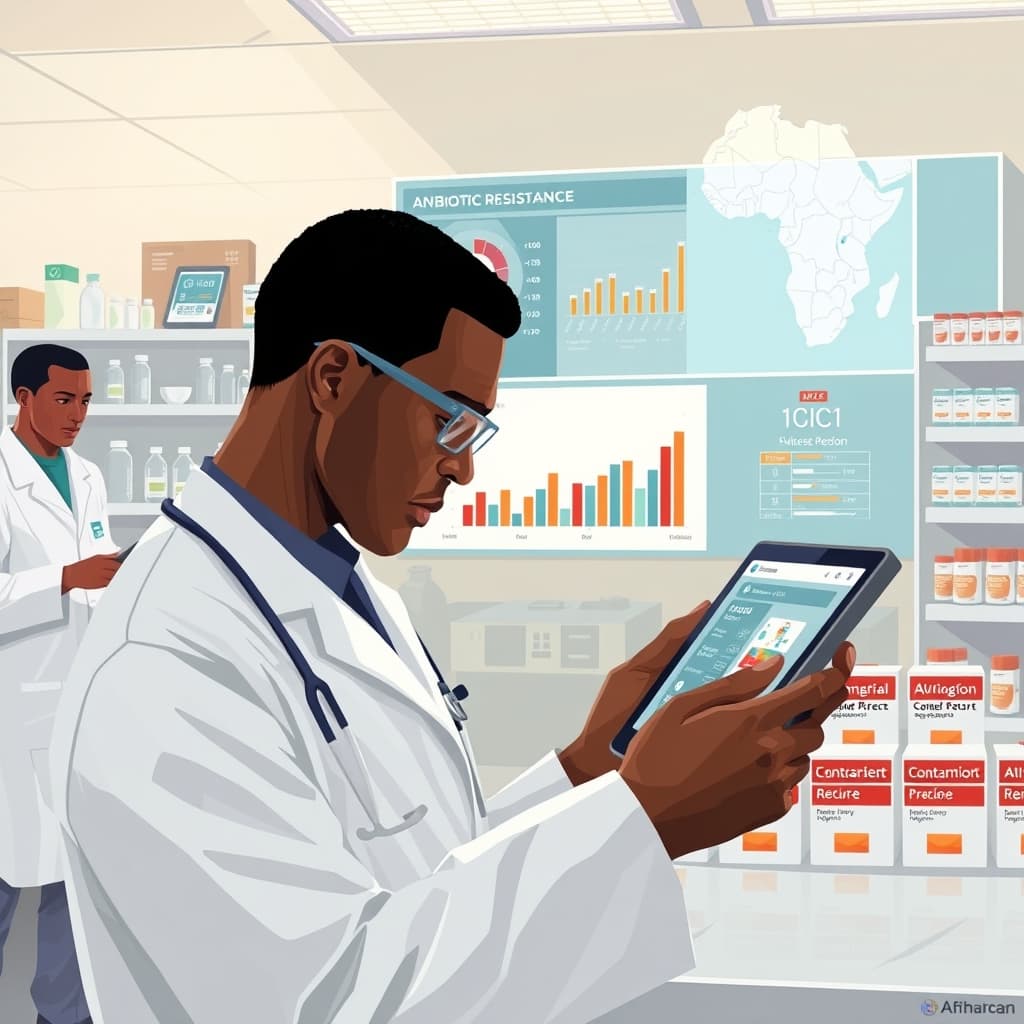 Create an original premium technology-news editorial illustration featuring a dominant African laboratory setting with scientists in white coats examining petri dishes while a digital dashboard displays antibiotic‑resistance charts; in the foreground, a clinician reviews a patient’s electronic record on a tablet, linking lab results to prescription decisions; background elements include a pharmacy counter with visibly flagged counterfeit medicine boxes and a map of Africa highlighting data‑sparse regions; the visual narrative emphasizes the struggle to obtain reliable diagnostics and quality drugs; style should be clean, realistic, and suited to a high‑end tech publication; composition places the lab scene central, with the clinician and pharmacy secondary; include subtle WHO and Africa CDC logos on the dashboard for authenticity; avoid generic AI icons or unrelated symbols; cinematic composition.