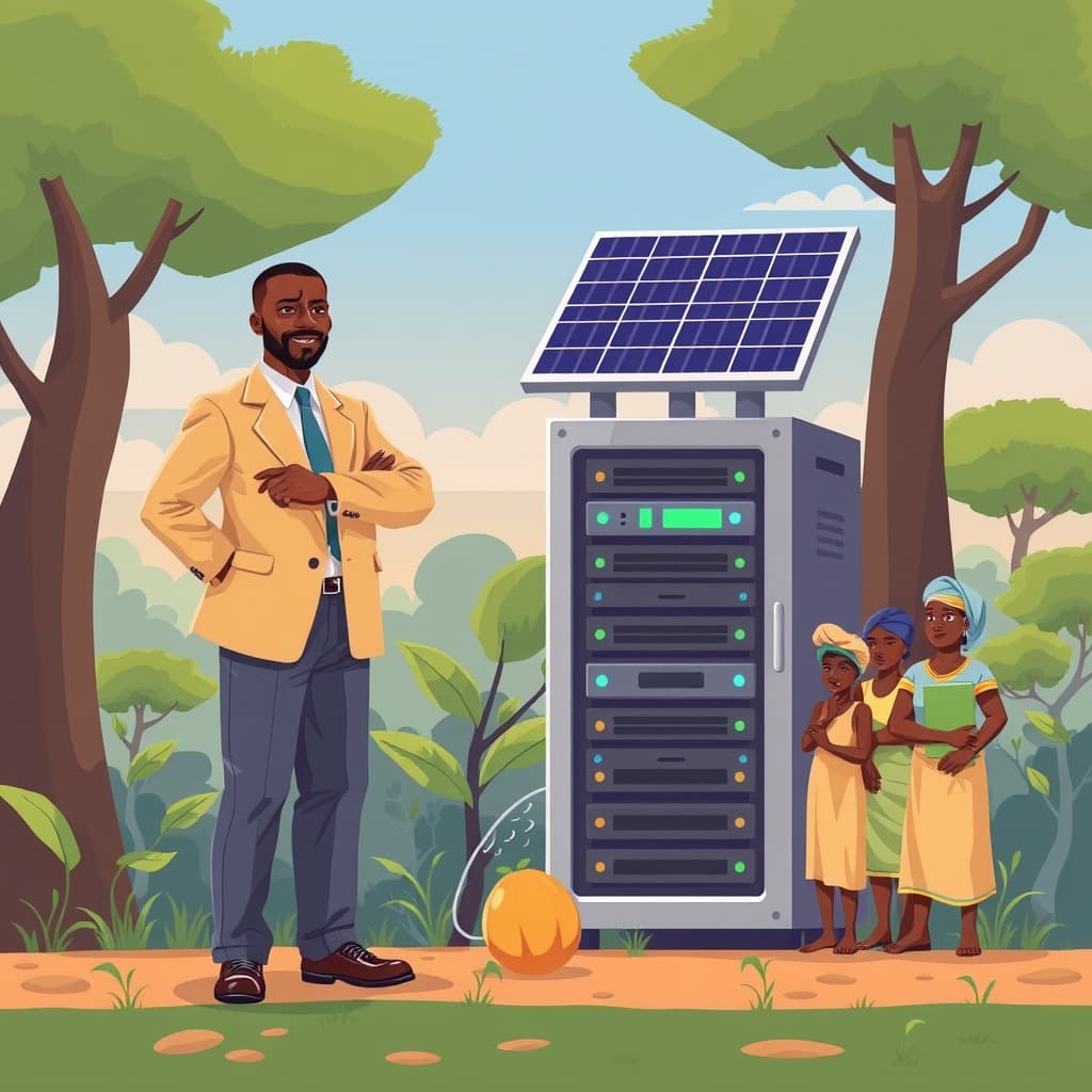 Create an original premium technology-news editorial illustration featuring a confident African policy maker standing beside a modest solar‑powered server rack, while a group of local farmers,