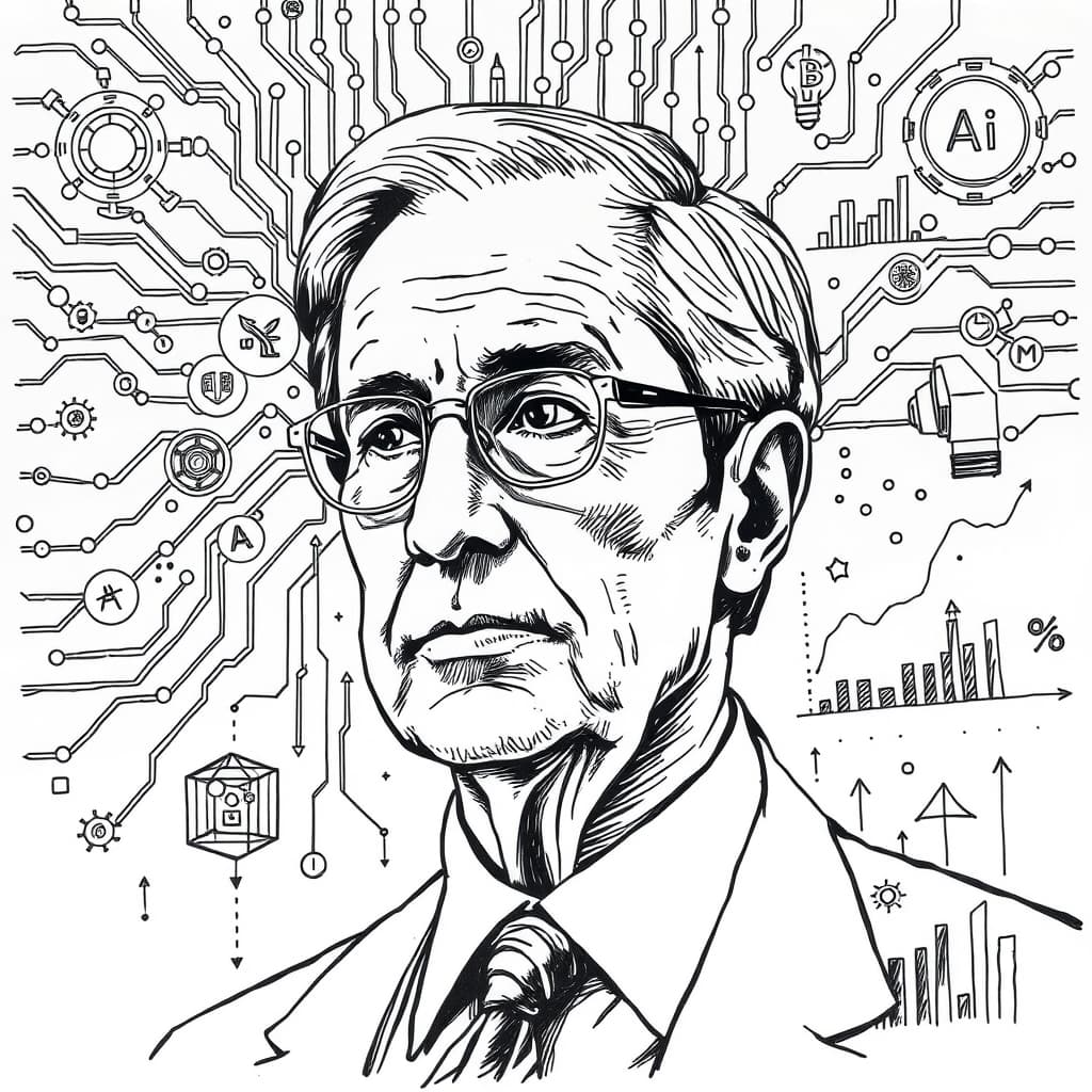 editorial ink sketch of a Nobel economist surrounded by abstract AI circuitry, economic graphs, and symbols of healthcare, education, and industry, rendered in stark black lines with dynamic shading, no text, no logos, cinematic composition.