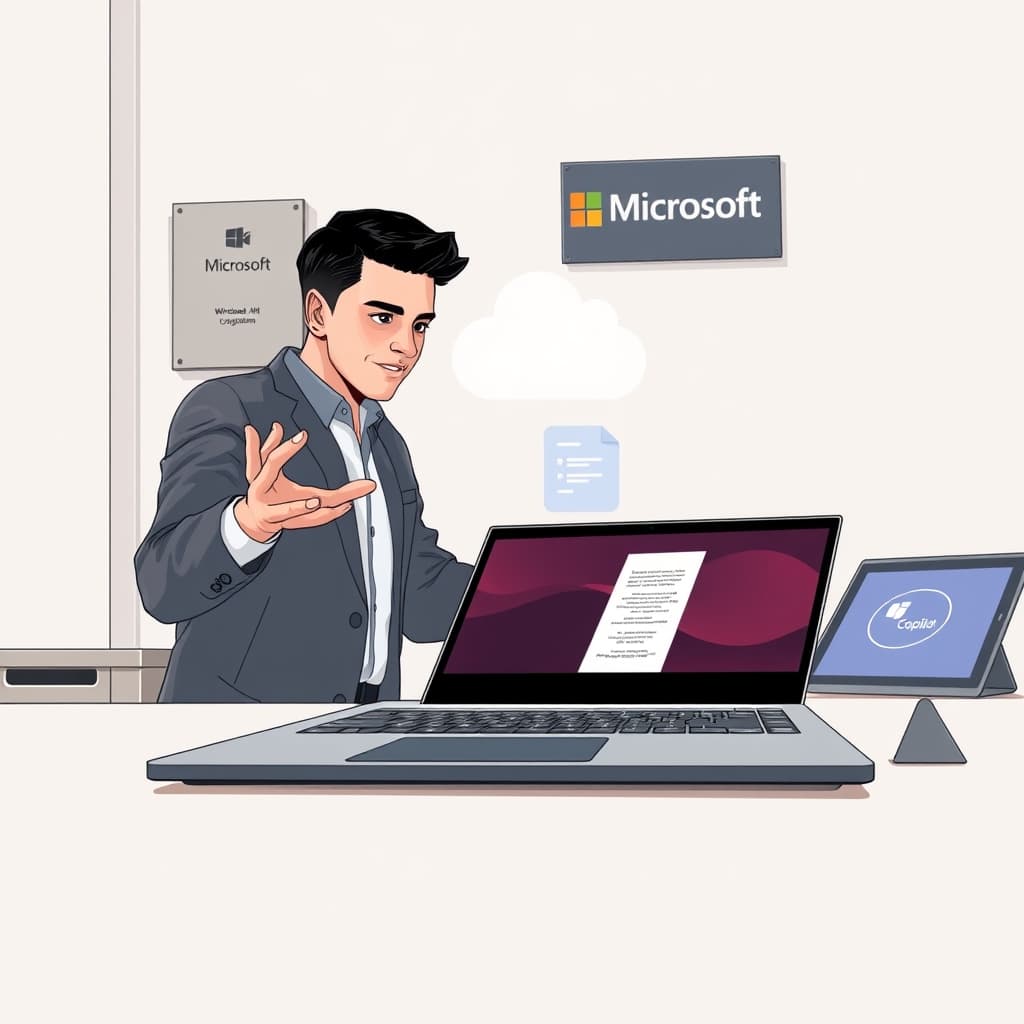 Create an original premium technology-news editorial illustration featuring a sleek Surface Laptop Ultra on a modern desk, its screen displaying a stylized AI agent icon next to a Windows taskbar showing AI‑enhanced search suggestions. In the foreground, a professional in casual business attire interacts with the laptop, gesturing as a translucent holographic assistant processes a document on the device while a faint cloud symbol hovers above, indicating hybrid computing. The background includes subtle Microsoft branding on a wall plaque, and a secondary tablet displaying the refreshed Copilot face‑like icon. Use a clean, realistic editorial style with balanced lighting, focusing on the laptop and the human‑AI interaction as the dominant visual narrative, while keeping logos minimal and only where contextually relevant. cinematic composition.