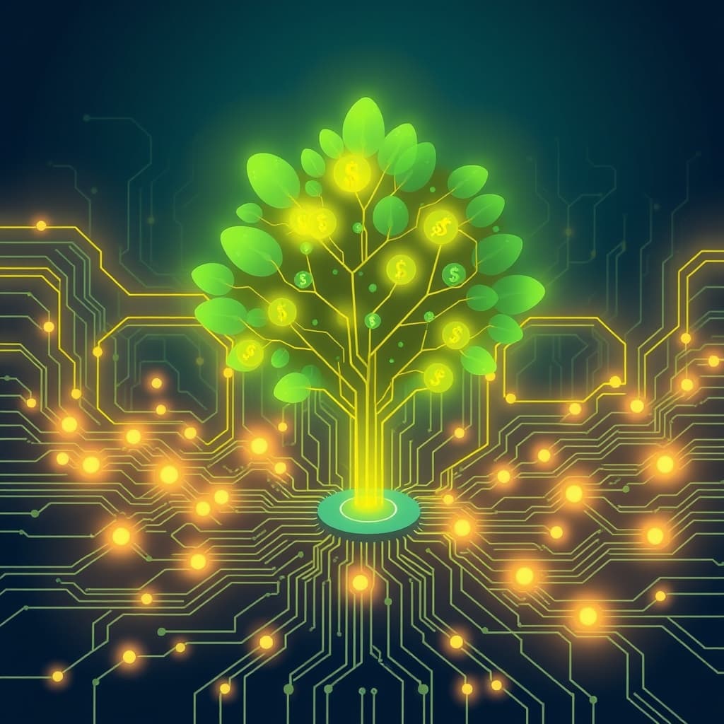 vector flat illustration of a sleek, futuristic AI engine turning raw data into glowing, interconnected pathways that lead to a stylized money tree, with subtle circuitry motifs in the background, cool blues and vibrant greens, clean lines, no text, no logos, cinematic composition.