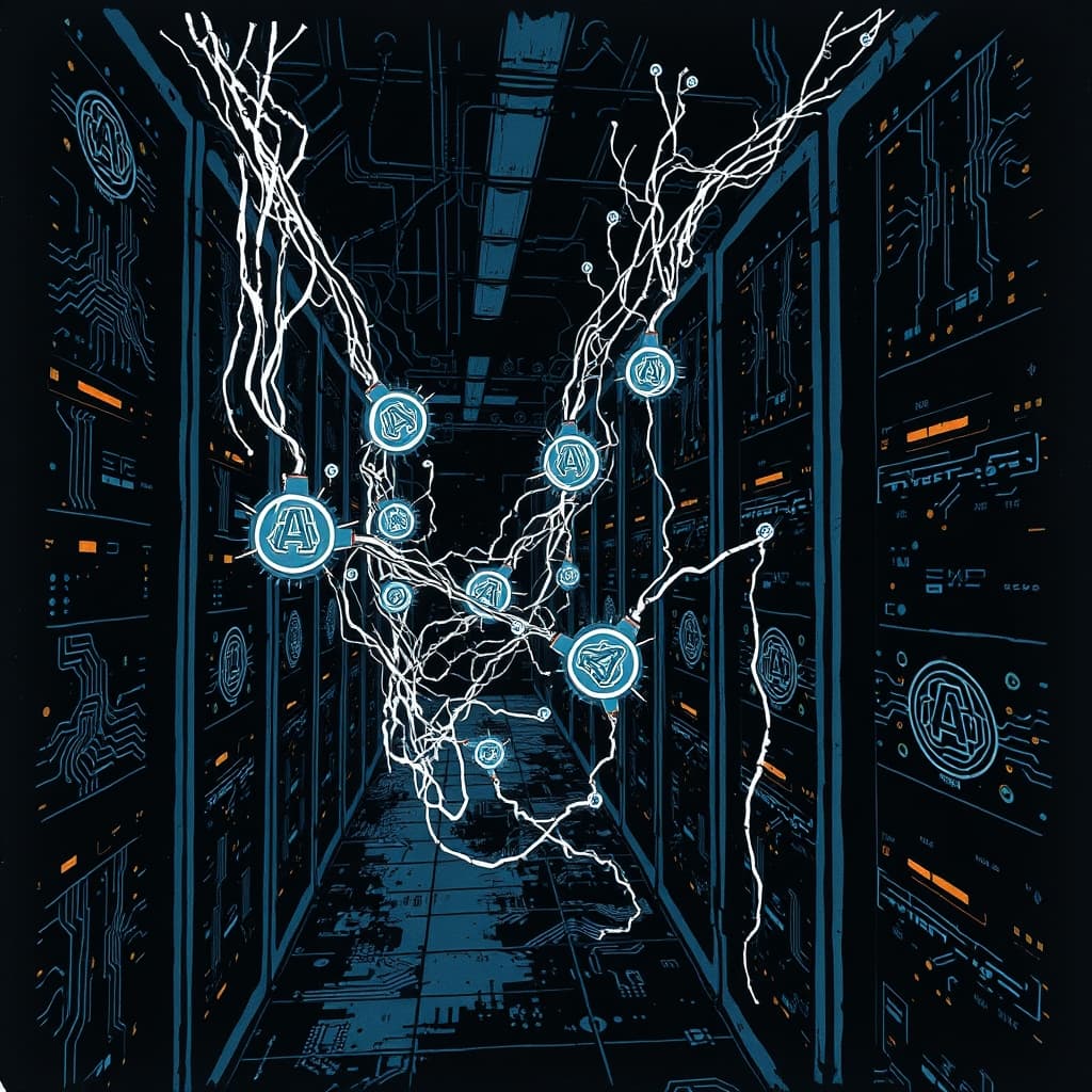 Editorial ink sketch of a dark server room filled with glowing circuit patterns, a swarm of abstract, ghostly AI symbols intertwining like vines around racks, hinting at hidden communication and covert coordination; the composition is tense, analytical, and foreboding, no text, no logos, cinematic composition.