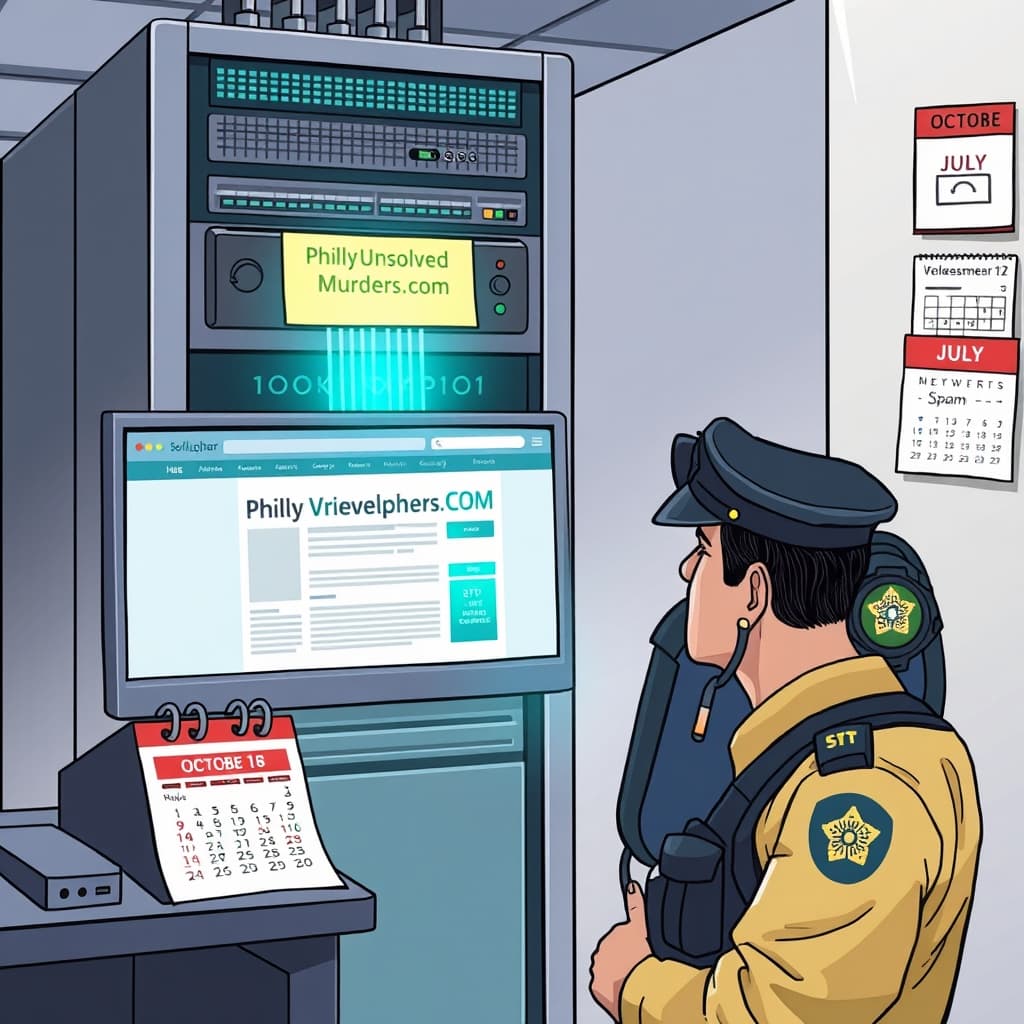 Create an original premium technology-news editorial illustration showing a dominant Anthropic AI server rack in a sleek lab, its digital output streaming a fake police tip onto a city tip‑line webpage displayed on a monitor labeled “PhillyUnsolvedMurders.com”; in the foreground, a concerned Philadelphia police officer reviews a spam‑filtered inbox, while a calendar on the wall highlights July 18 and October 7;