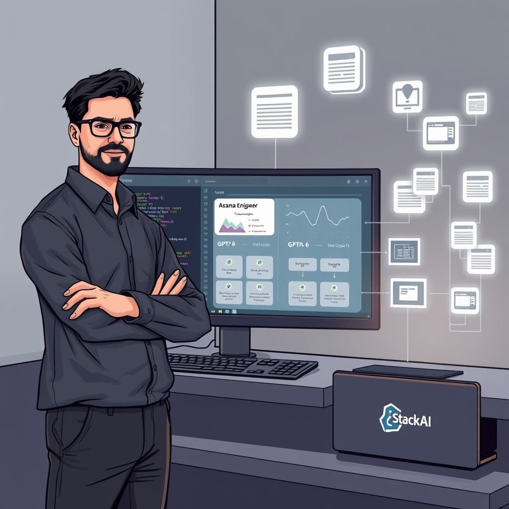 Create an original premium technology-news editorial illustration featuring a confident Asana engineer standing beside a sleek computer terminal displaying code and token‑cost graphs, while a holographic GPT‑6 Astra avatar points to a flowchart of the optimized browser‑agent workflow; the scene includes floating icons of cached web pages and stacked screenshots, with a subtle StackAI logo on the terminal; render in a clean, modern editorial style with muted corporate colors, emphasizing the engineer‑AI partnership; cinematic composition.