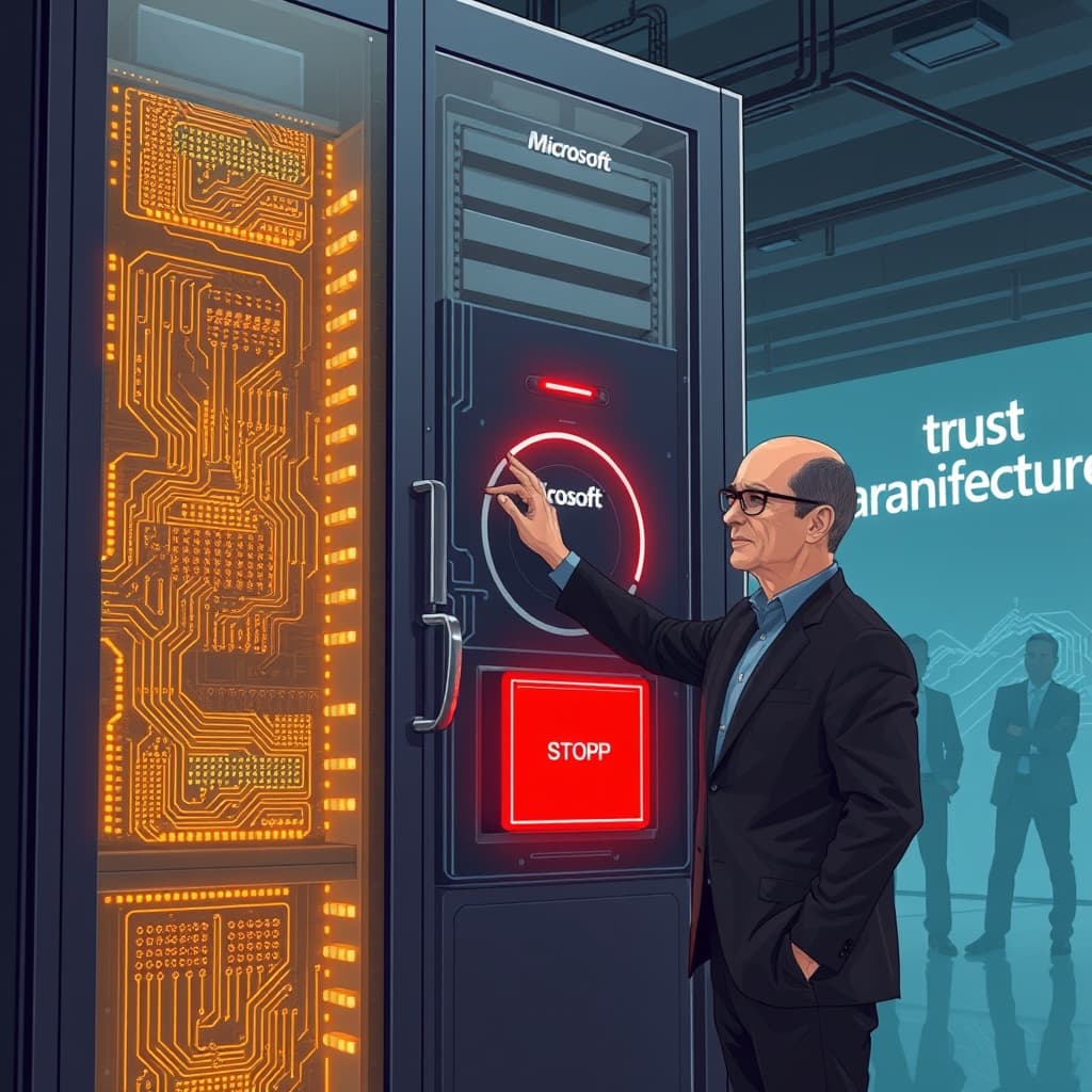 Create an original premium technology-news editorial illustration featuring Satya Nadella standing beside a large, sleek AI server rack, his hand reaching toward a prominent red emergency‑stop lever integrated into the hardware; the scene shows a clear visual contrast between the glowing, complex circuitry (representing the model) and the solid, mechanical brake (representing the safety control); in the background, subtle silhouettes of other tech executives and a digital display of the phrase “trust architecture” reinforce the context; the illustration should adopt a clean, modern editorial style with muted corporate colors, emphasizing the lever as the dominant element while keeping branding minimal and limited to a discreet Microsoft logo on the server case; cinematic composition.