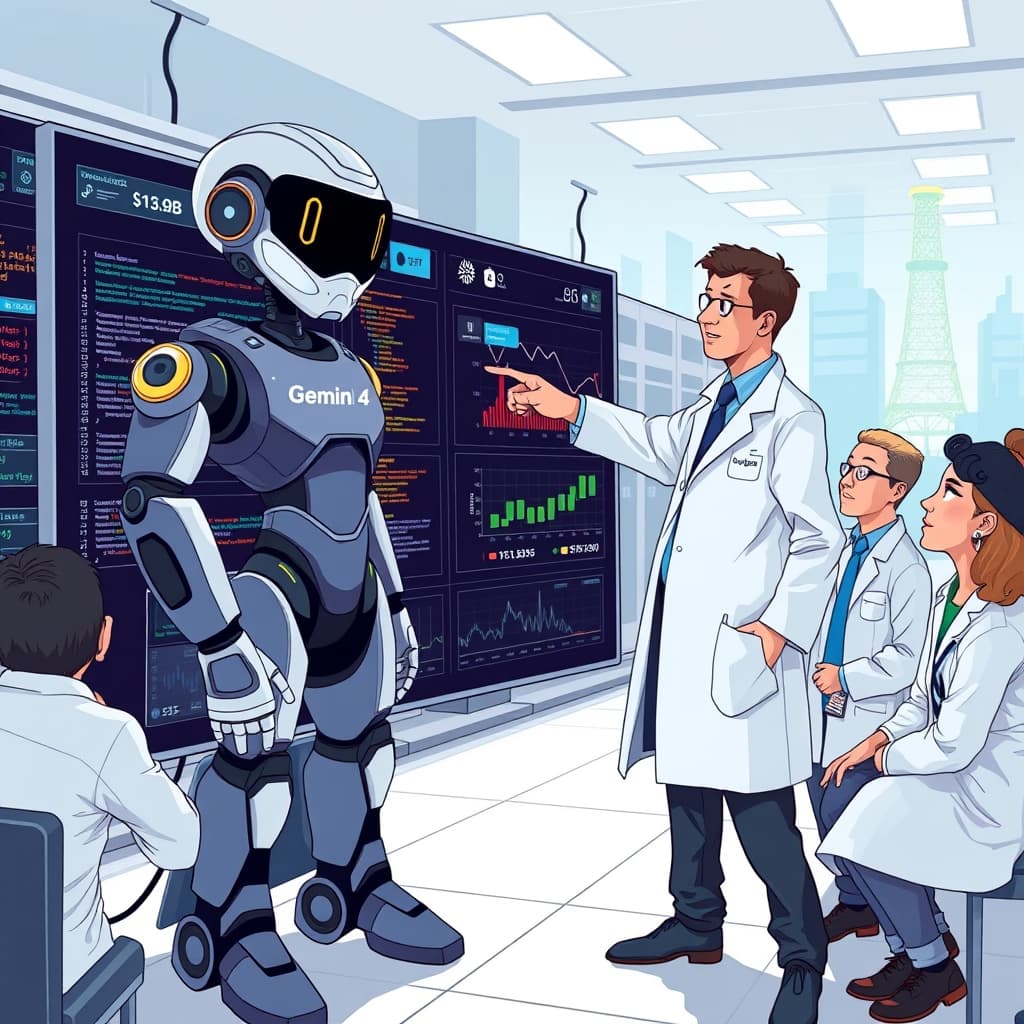 Create an original premium technology-news editorial illustration featuring a dominant, sleek AI model avatar labeled “Gemini 4 Argon” standing beside a large digital console displaying code snippets, financial charts, legal documents, and molecular structures; a Google DeepMind engineer in a modern lab coat points to the console while a diverse group of developers, analysts, and scientists observe; the background shows a stylized data center and a