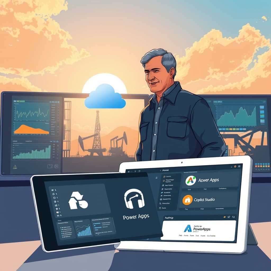 Create an original premium technology-news editorial illustration featuring a senior Microsoft AI specialist standing beside a large industrial control panel displaying sensor graphs, while African oil rig and mining equipment silhouettes appear in the background. The scene shows the specialist connecting a cloud icon representing Azure to the control panel, symbolizing data integration between operational technology and enterprise software. In the foreground, a tablet displays the Power Apps logo and a Copilot Studio interface, indicating the low‑code tools being offered. The setting is a sun‑lit
