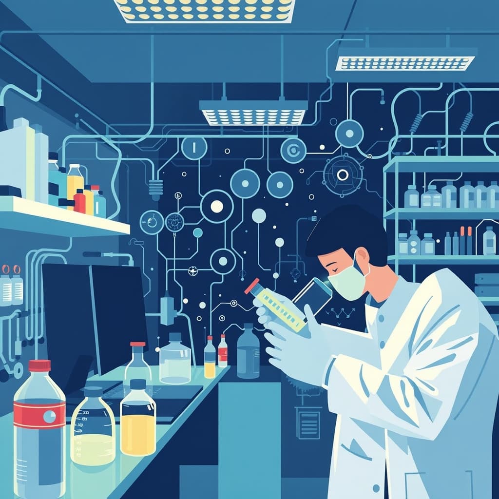 Create an original premium technology-news editorial illustration featuring a European research laboratory